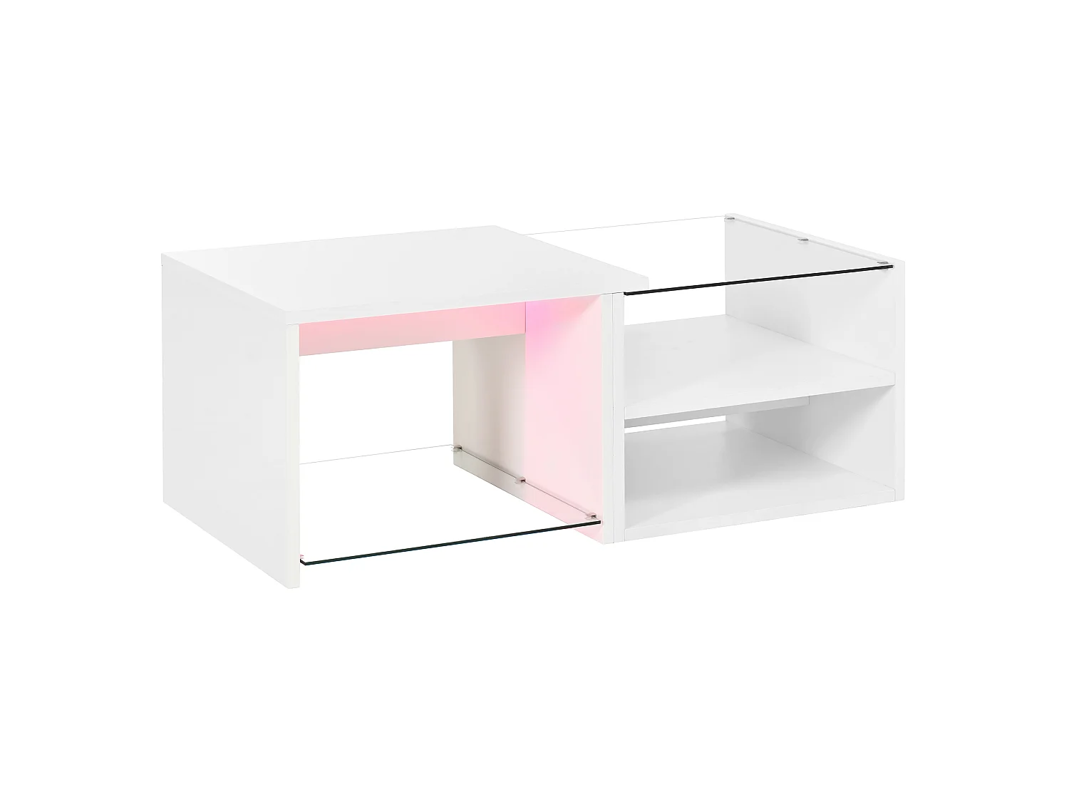 Coffee table with glass top, open storage and LEDs - Particleboard - 100 x 50 x 38 cm - Glossy white