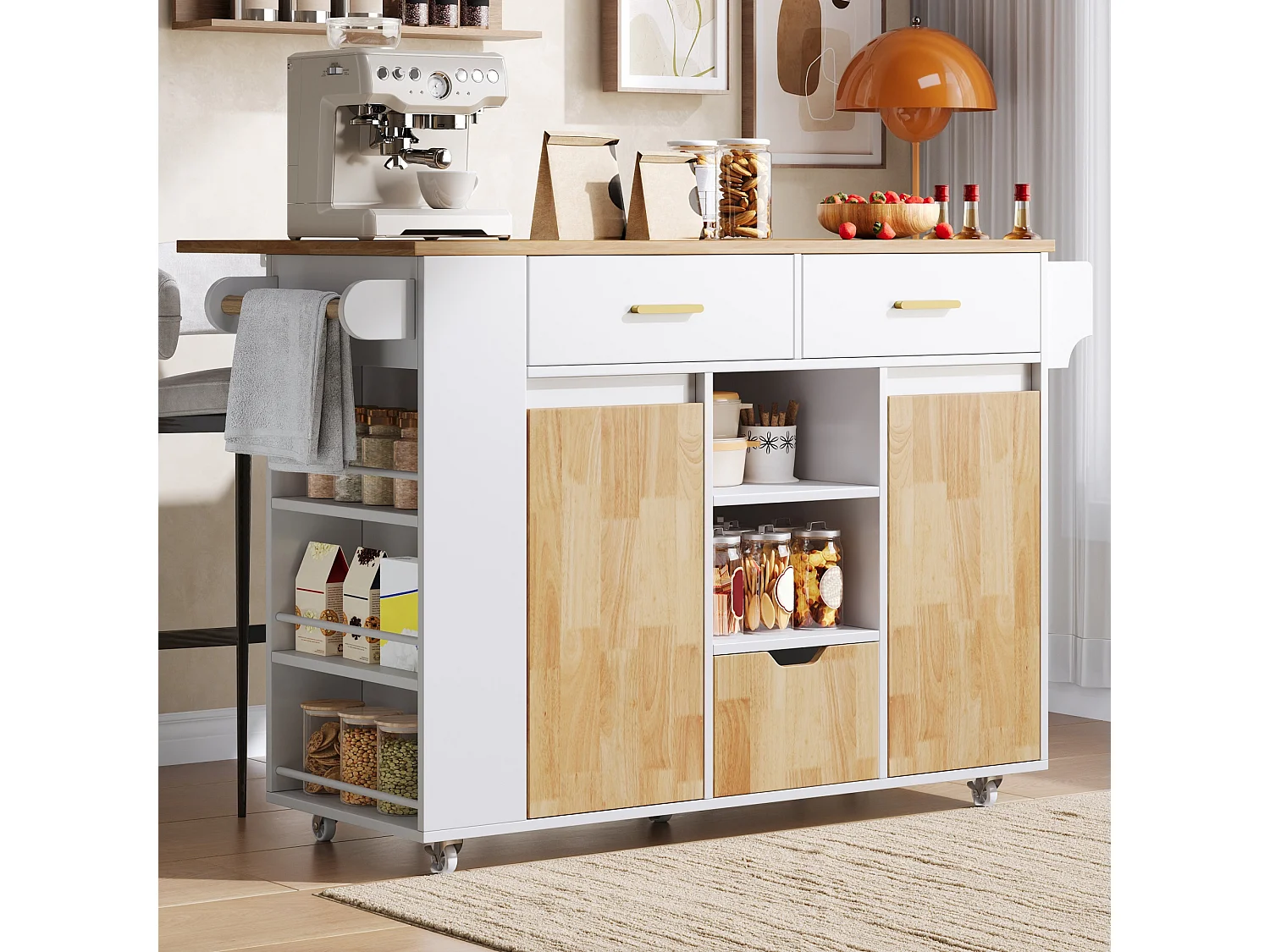 Îlot central de cuisine sur roulettes avec plateau rabattable, 3 tiroirs, 2 portes et étagères latérales - MDF - 120 x 45 à 71 x 90 cm - Blanc