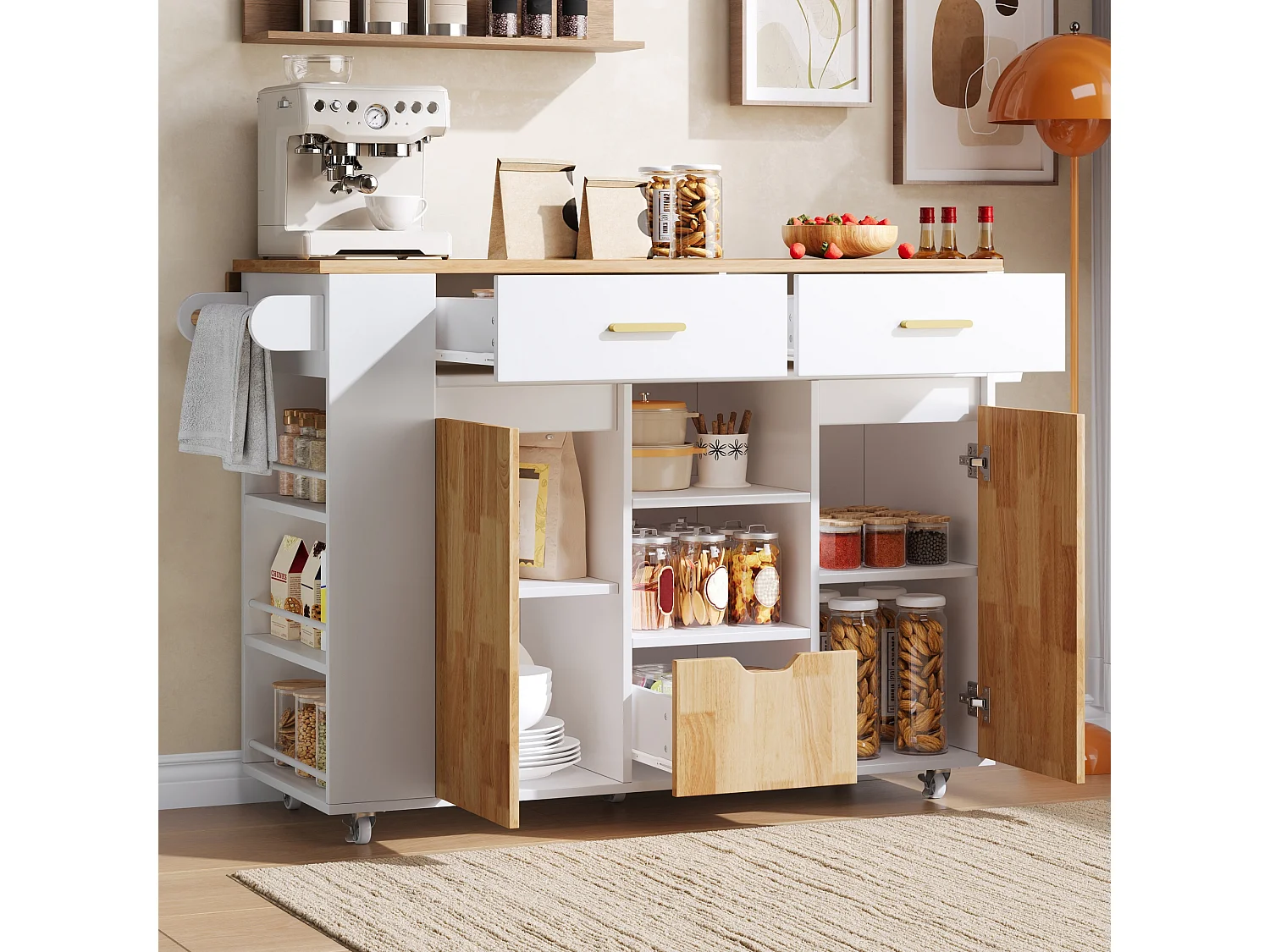Îlot central de cuisine sur roulettes avec plateau rabattable, 3 tiroirs, 2 portes et étagères latérales - MDF - 120 x 45 à 71 x 90 cm - Blanc