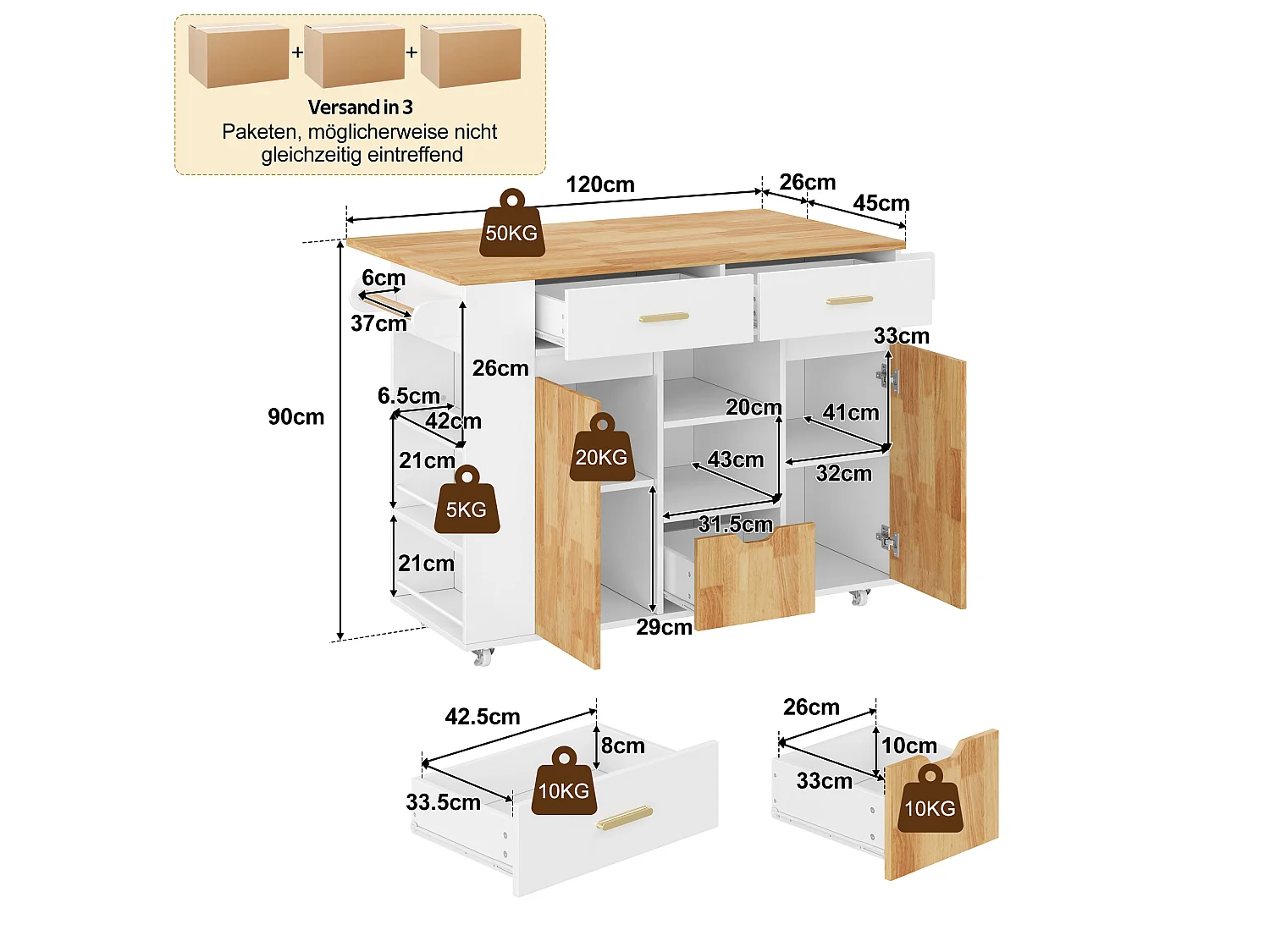 Îlot central de cuisine sur roulettes avec plateau rabattable, 3 tiroirs, 2 portes et étagères latérales - MDF - 120 x 45 à 71 x 90 cm - Blanc
