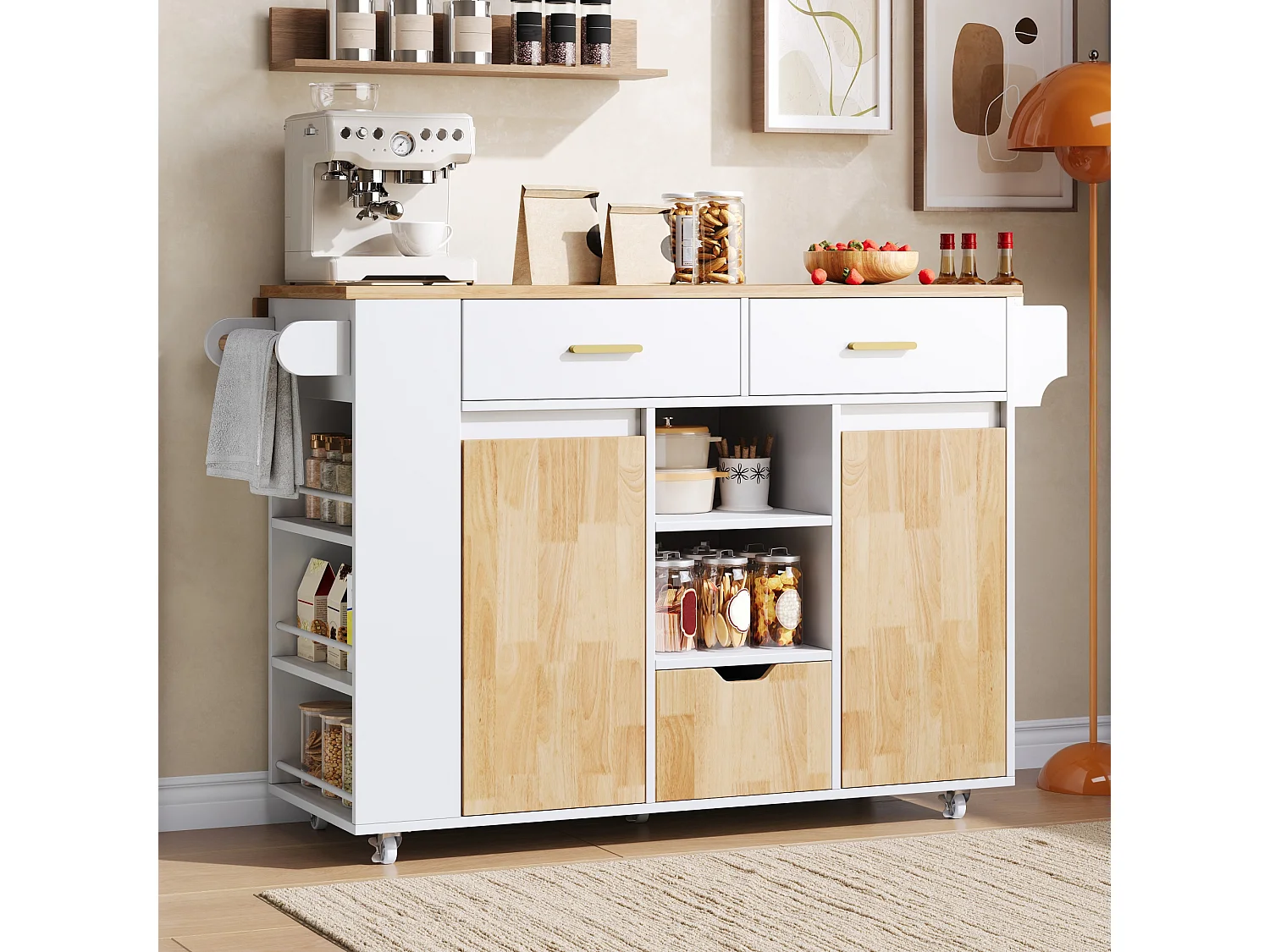 Îlot central de cuisine sur roulettes avec plateau rabattable, 3 tiroirs, 2 portes et étagères latérales - MDF - 120 x 45 à 71 x 90 cm - Blanc