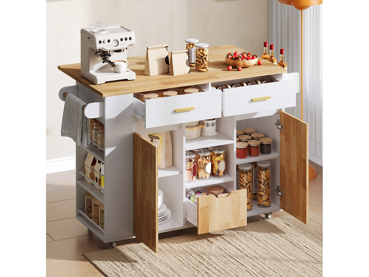 Îlot central de cuisine sur roulettes avec plateau rabattable, 3 tiroirs, 2 portes et étagères latérales - MDF - 120 x 45 à 71 x 90 cm - Blanc