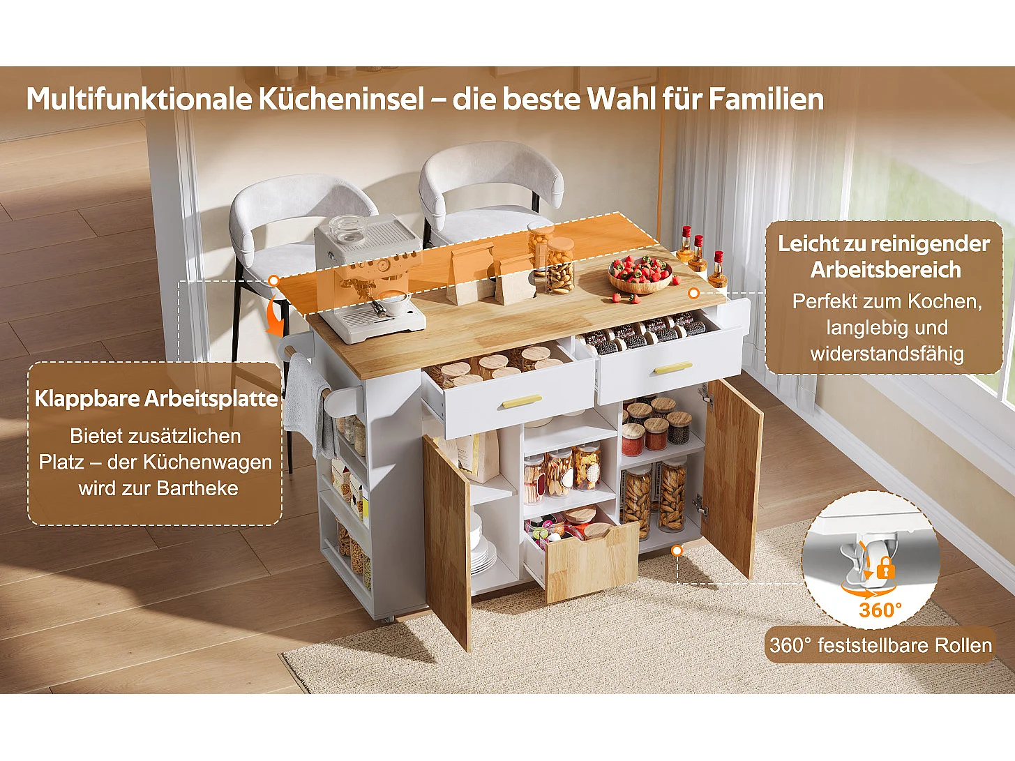 Îlot central de cuisine sur roulettes avec plateau rabattable, 3 tiroirs, 2 portes et étagères latérales - MDF - 120 x 45 à 71 x 90 cm - Blanc