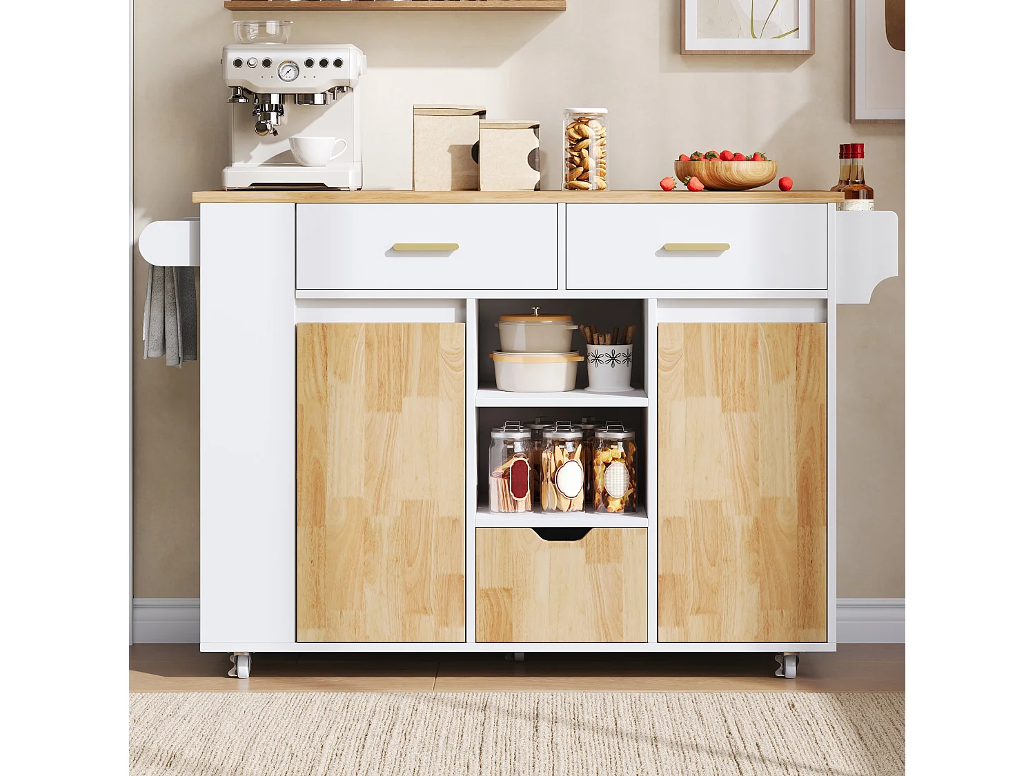 Îlot central de cuisine sur roulettes avec plateau rabattable, 3 tiroirs, 2 portes et étagères latérales - MDF - 120 x 45 à 71 x 90 cm - Blanc