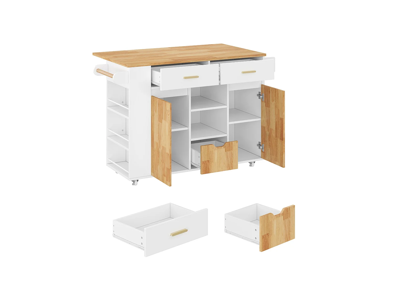 Îlot central de cuisine sur roulettes avec plateau rabattable, 3 tiroirs, 2 portes et étagères latérales - MDF - 120 x 45 à 71 x 90 cm - Blanc