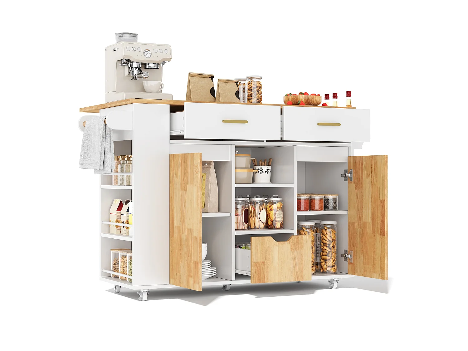 Îlot central de cuisine sur roulettes avec plateau rabattable, 3 tiroirs, 2 portes et étagères latérales - MDF - 120 x 45 à 71 x 90 cm - Blanc