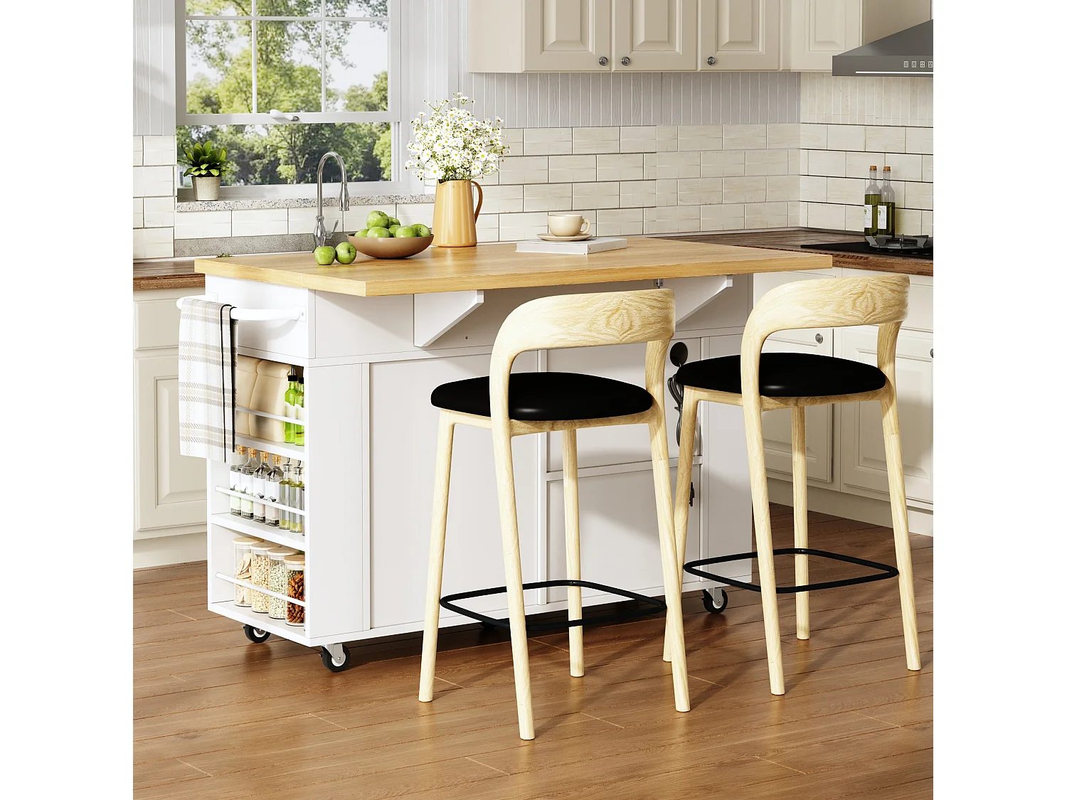 Kücheninsel auf Rollen mit klappbarer Arbeitsplatte, 3 Schubladen, 2 Türen, Steckdosen und USB-Anschlüssen – MDF – 120 x 45 bis 70 x 84 cm – Weiß