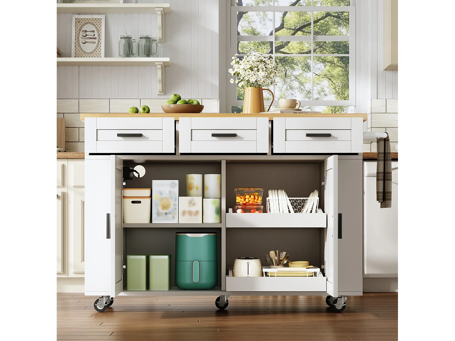 Kücheninsel auf Rollen mit klappbarer Arbeitsplatte, 3 Schubladen, 2 Türen, Steckdosen und USB-Anschlüssen – MDF – 120 x 45 bis 70 x 84 cm – Weiß
