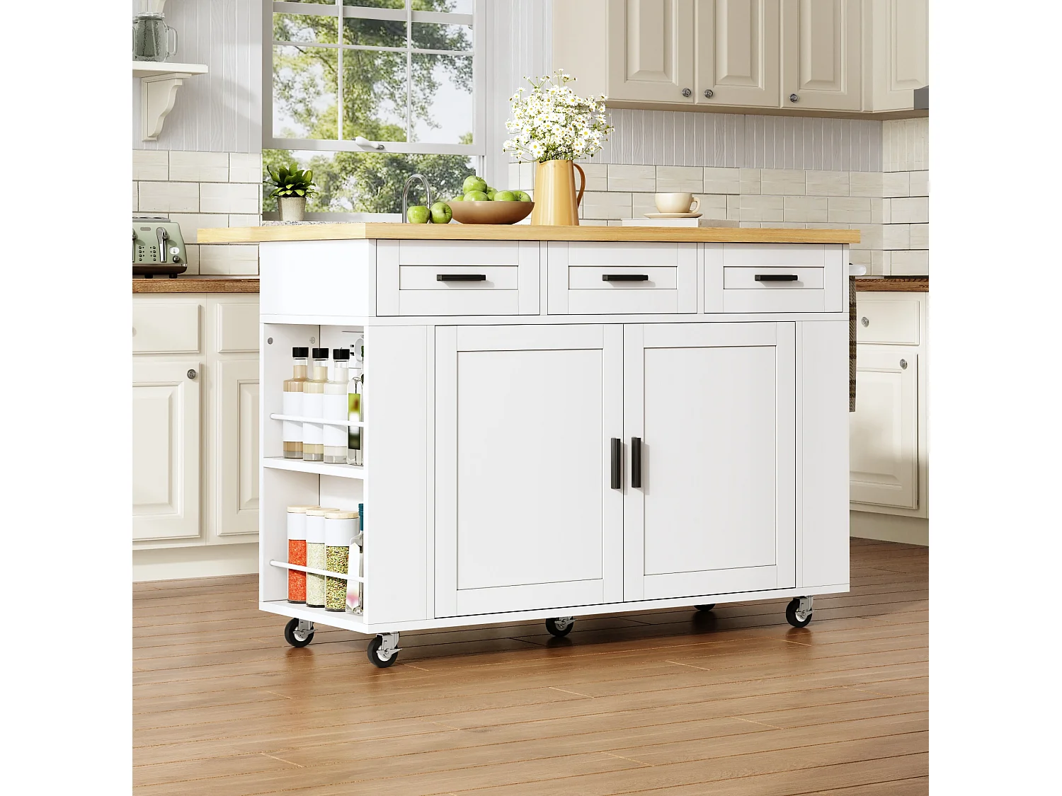 Kücheninsel auf Rollen mit klappbarer Arbeitsplatte, 3 Schubladen, 2 Türen, Steckdosen und USB-Anschlüssen – MDF – 120 x 45 bis 70 x 84 cm – Weiß
