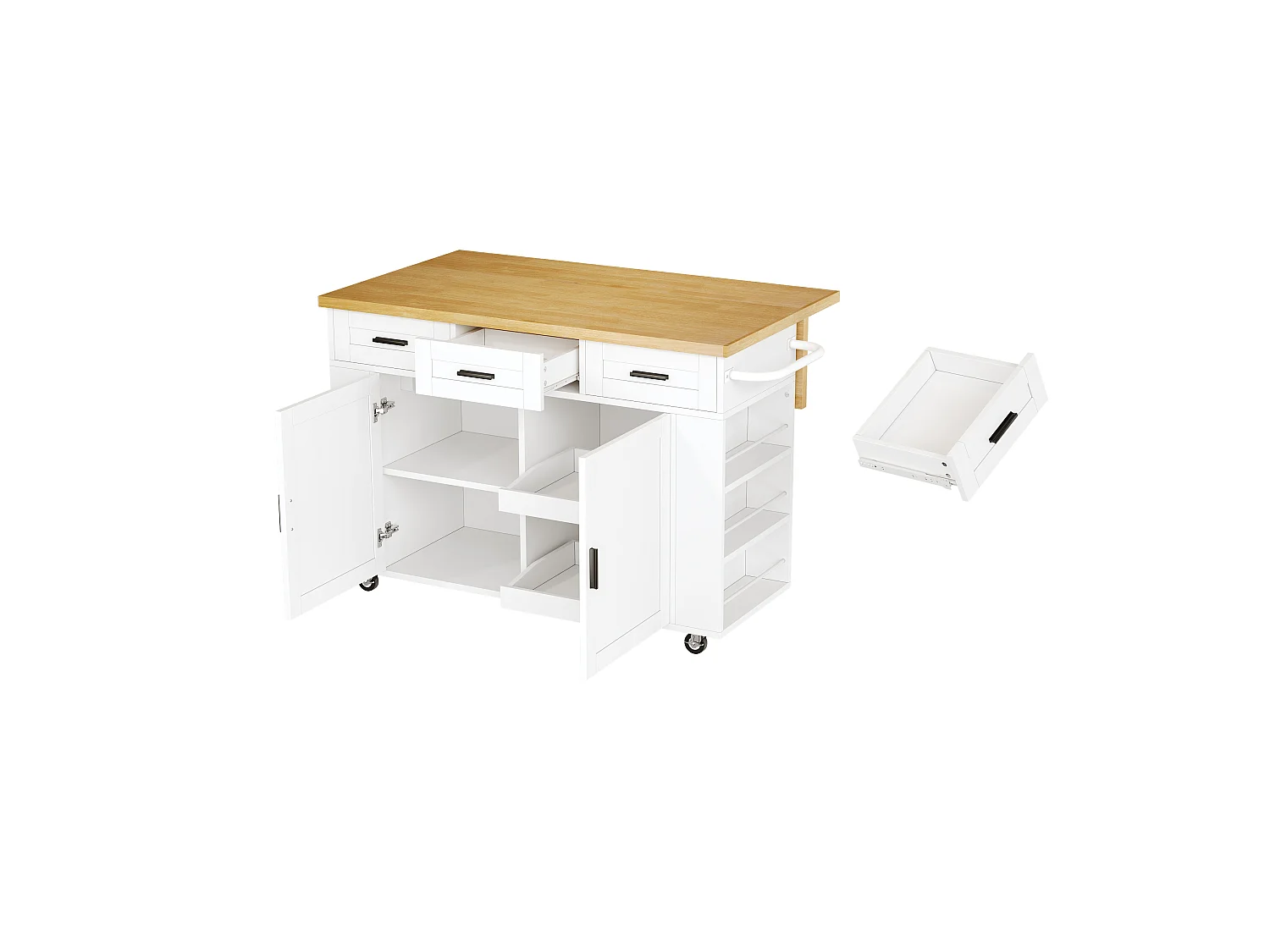 Kücheninsel auf Rollen mit klappbarer Arbeitsplatte, 3 Schubladen, 2 Türen, Steckdosen und USB-Anschlüssen – MDF – 120 x 45 bis 70 x 84 cm – Weiß