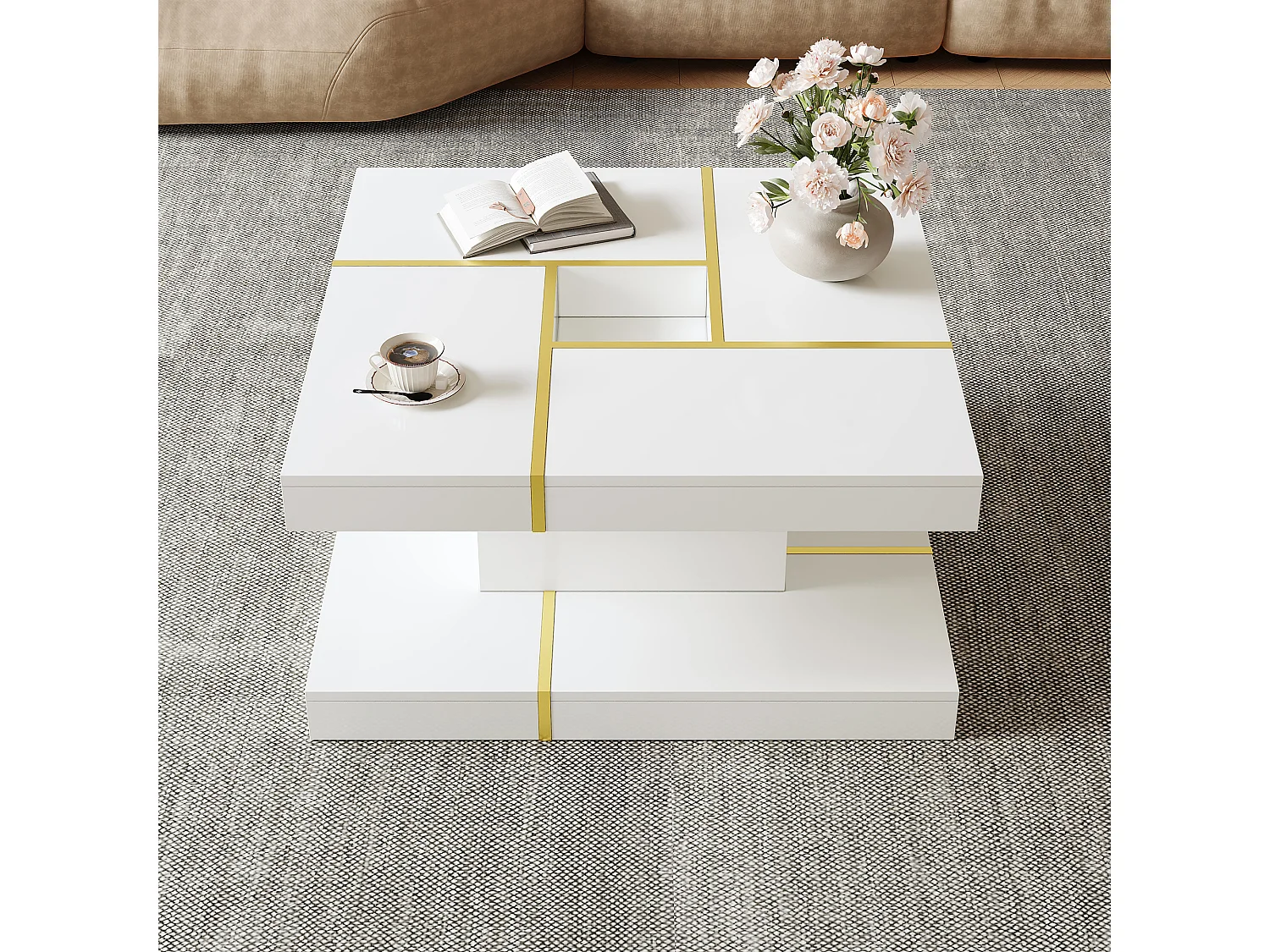 Table basse carrée à 2 niveaux avec découpe centrale et bordures en métal - Panneaux de particules - 80 x 80 x 38 cm - Blanc et doré