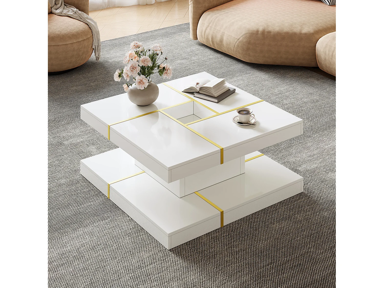 Table basse carrée à 2 niveaux avec découpe centrale et bordures en métal - Panneaux de particules - 80 x 80 x 38 cm - Blanc et doré