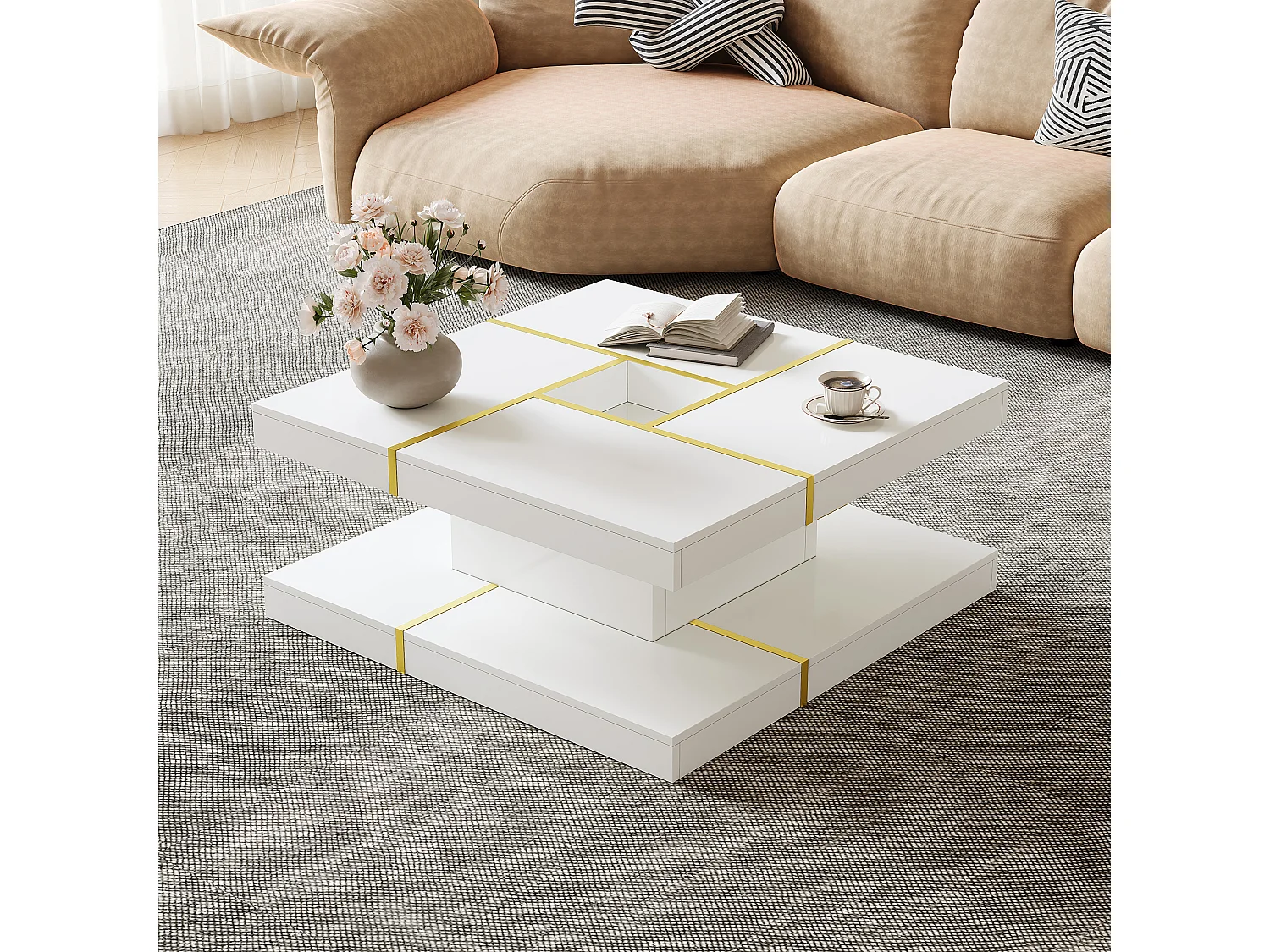 Table basse carrée à 2 niveaux avec découpe centrale et bordures en métal - Panneaux de particules - 80 x 80 x 38 cm - Blanc et doré