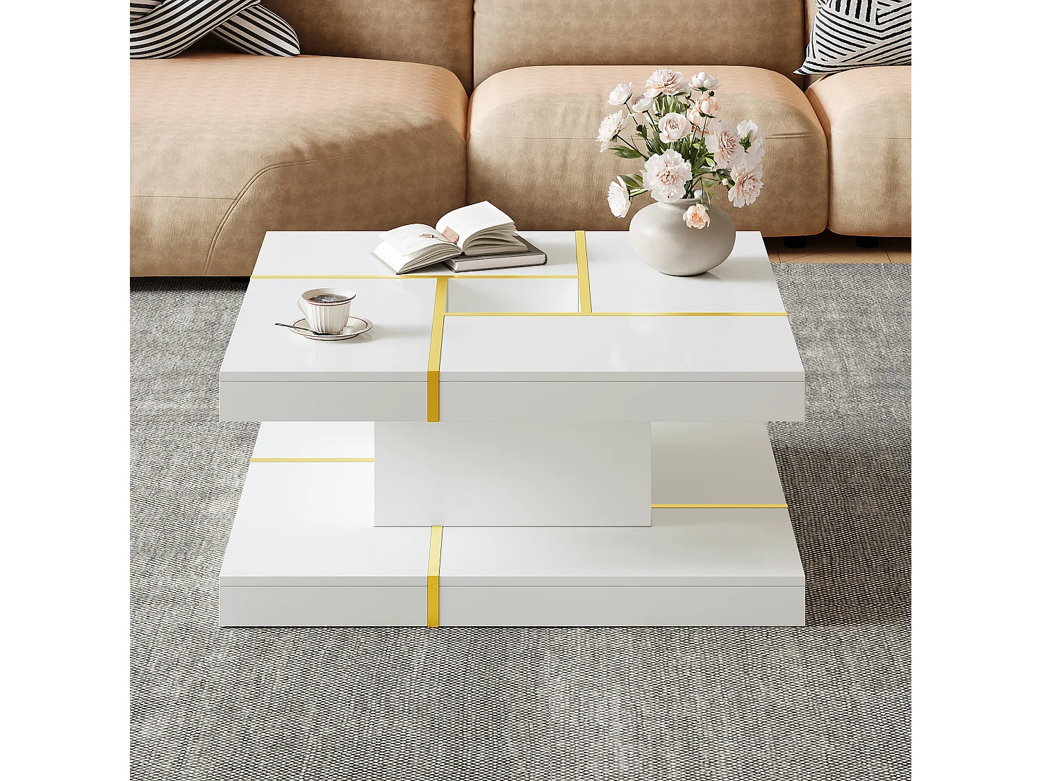 Table basse carrée à 2 niveaux avec découpe centrale et bordures en métal - Panneaux de particules - 80 x 80 x 38 cm - Blanc et doré
