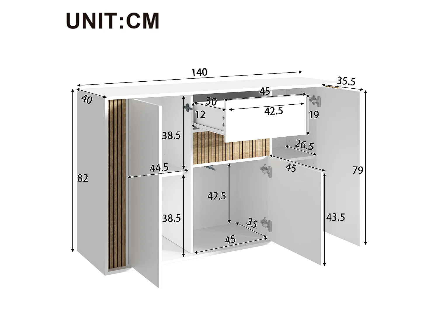 Aparador com 3 portas, 1 gaveta e iluminação LED ajustável - Aglomerado - 140 x 40 x 82 cm - Branco e madeira natural