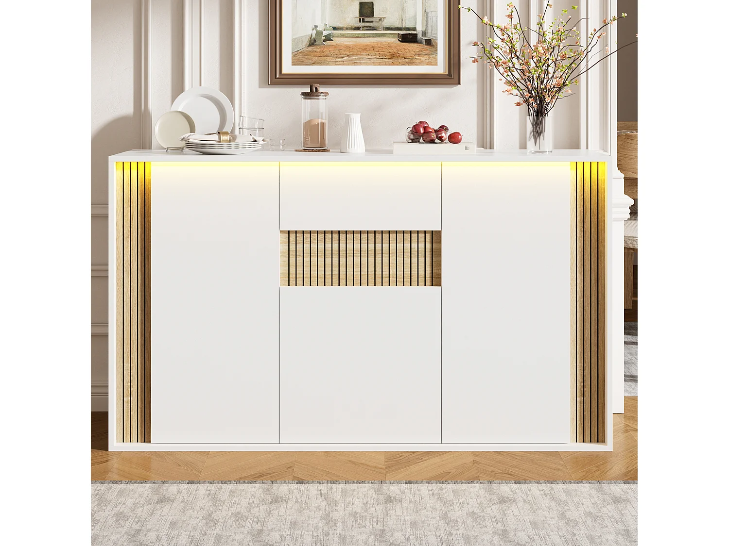 Aparador com 3 portas, 1 gaveta e iluminação LED ajustável - Aglomerado - 140 x 40 x 82 cm - Branco e madeira natural