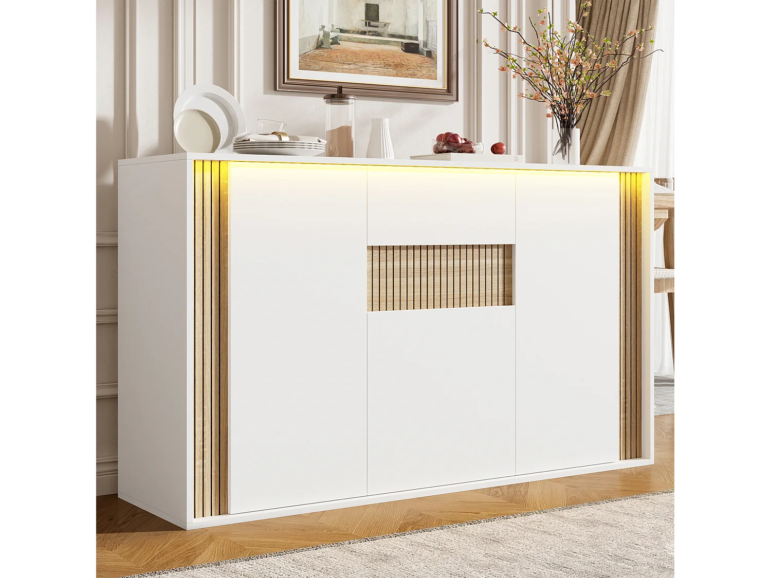 Aparador com 3 portas, 1 gaveta e iluminação LED ajustável - Aglomerado - 140 x 40 x 82 cm - Branco e madeira natural