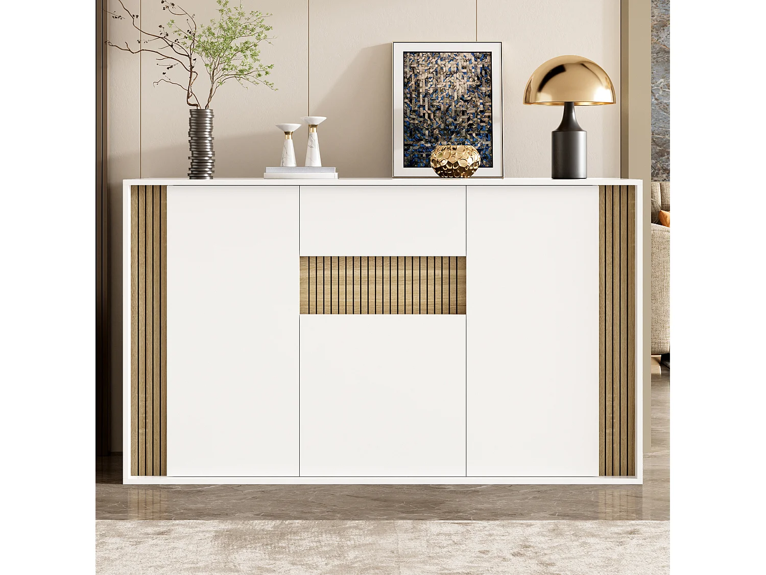 Aparador com 3 portas, 1 gaveta e iluminação LED ajustável - Aglomerado - 140 x 40 x 82 cm - Branco e madeira natural