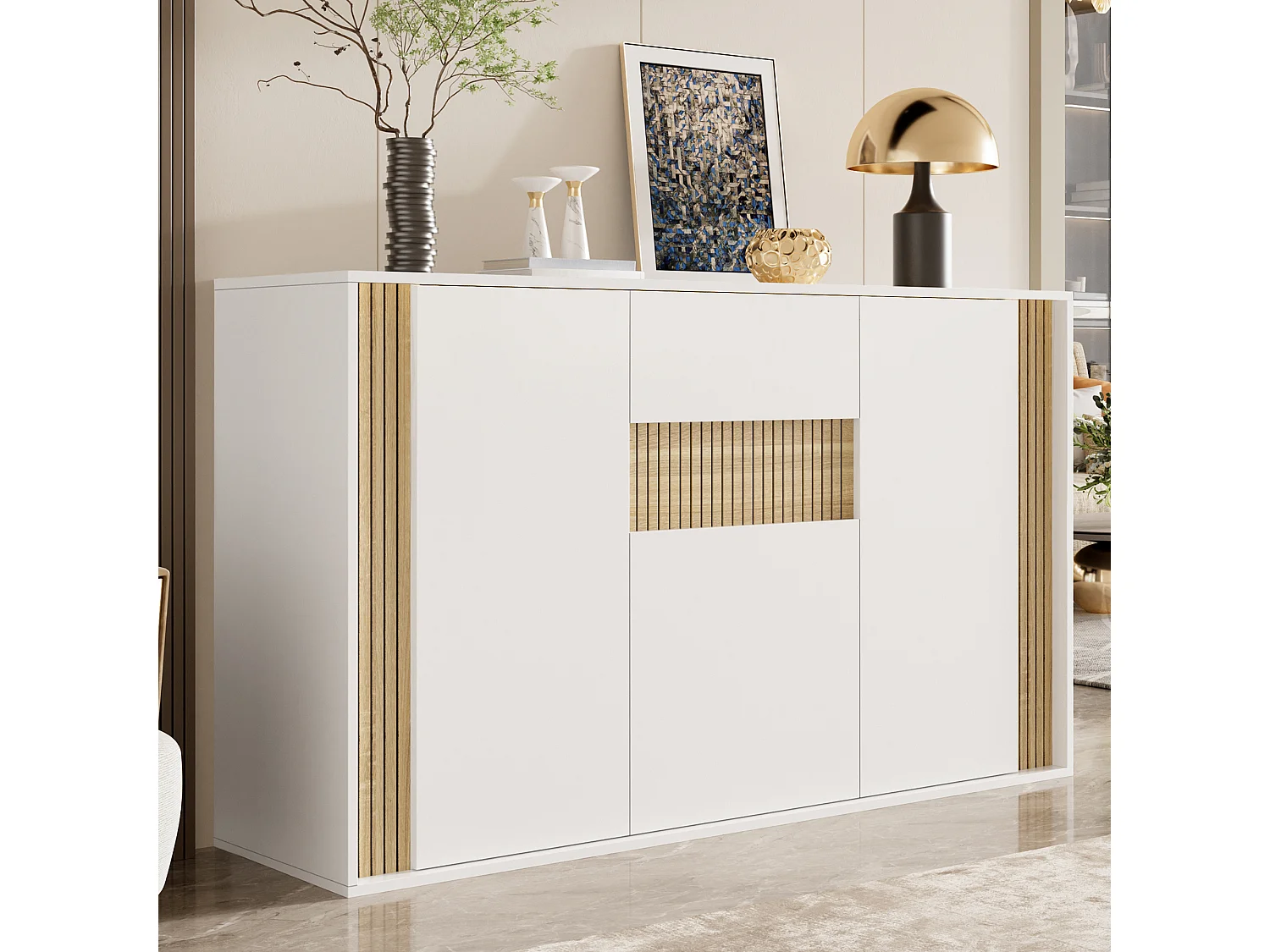 Aparador com 3 portas, 1 gaveta e iluminação LED ajustável - Aglomerado - 140 x 40 x 82 cm - Branco e madeira natural
