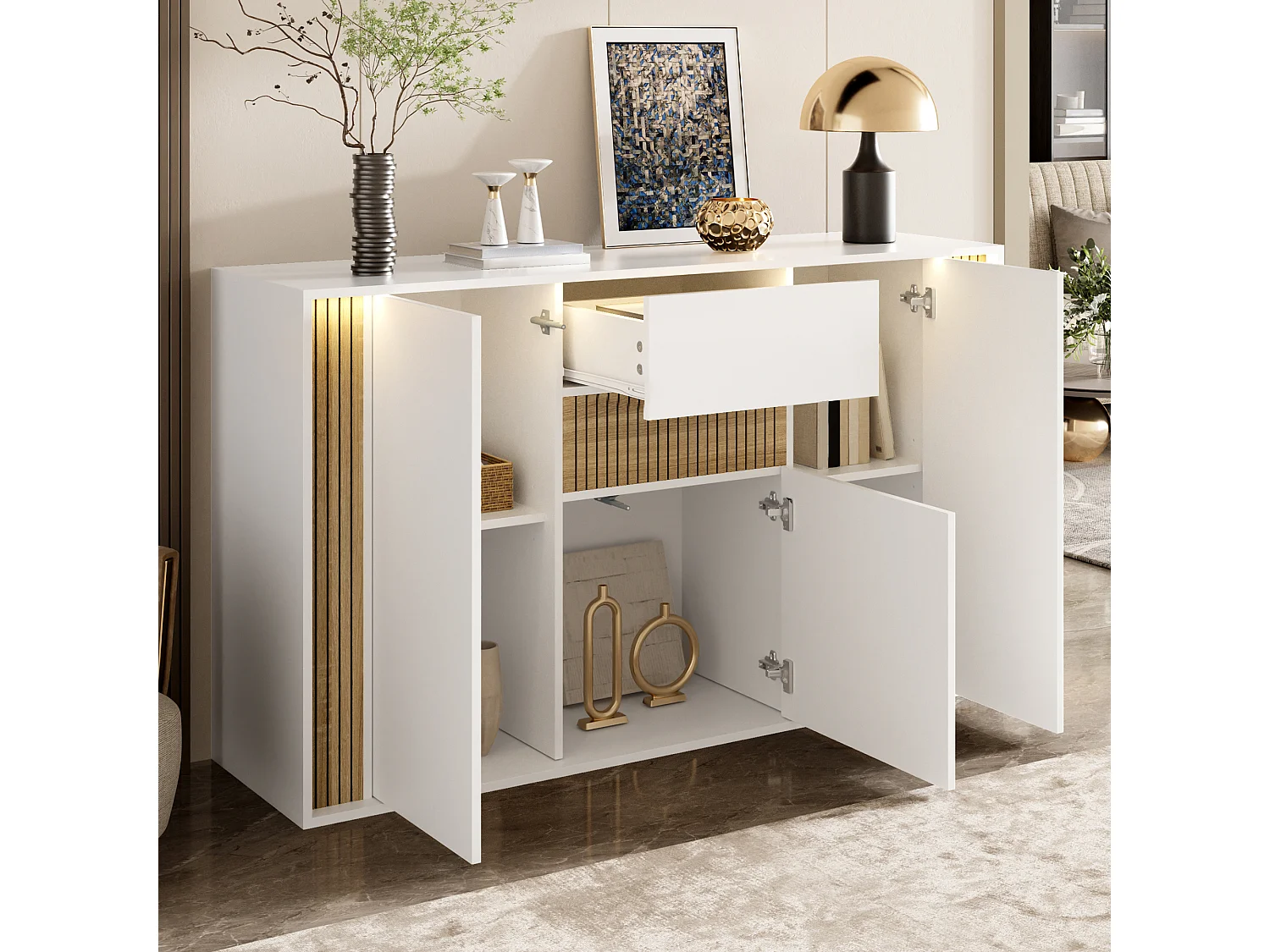 Aparador com 3 portas, 1 gaveta e iluminação LED ajustável - Aglomerado - 140 x 40 x 82 cm - Branco e madeira natural