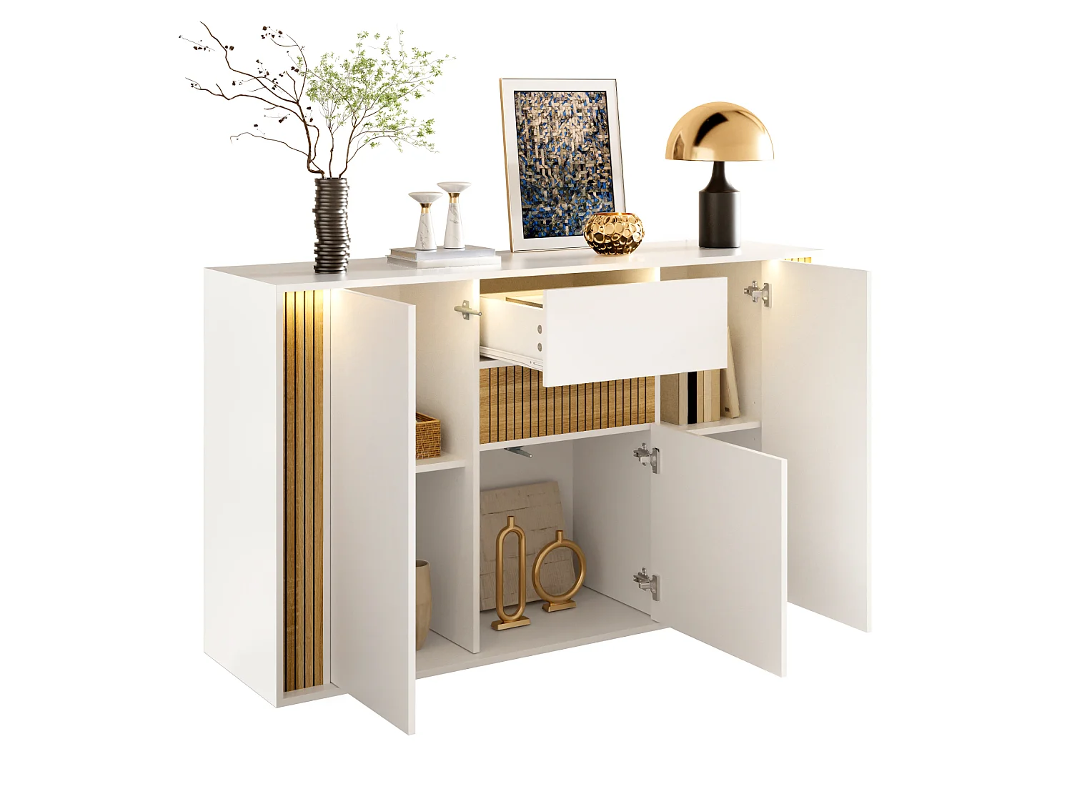 Aparador com 3 portas, 1 gaveta e iluminação LED ajustável - Aglomerado - 140 x 40 x 82 cm - Branco e madeira natural