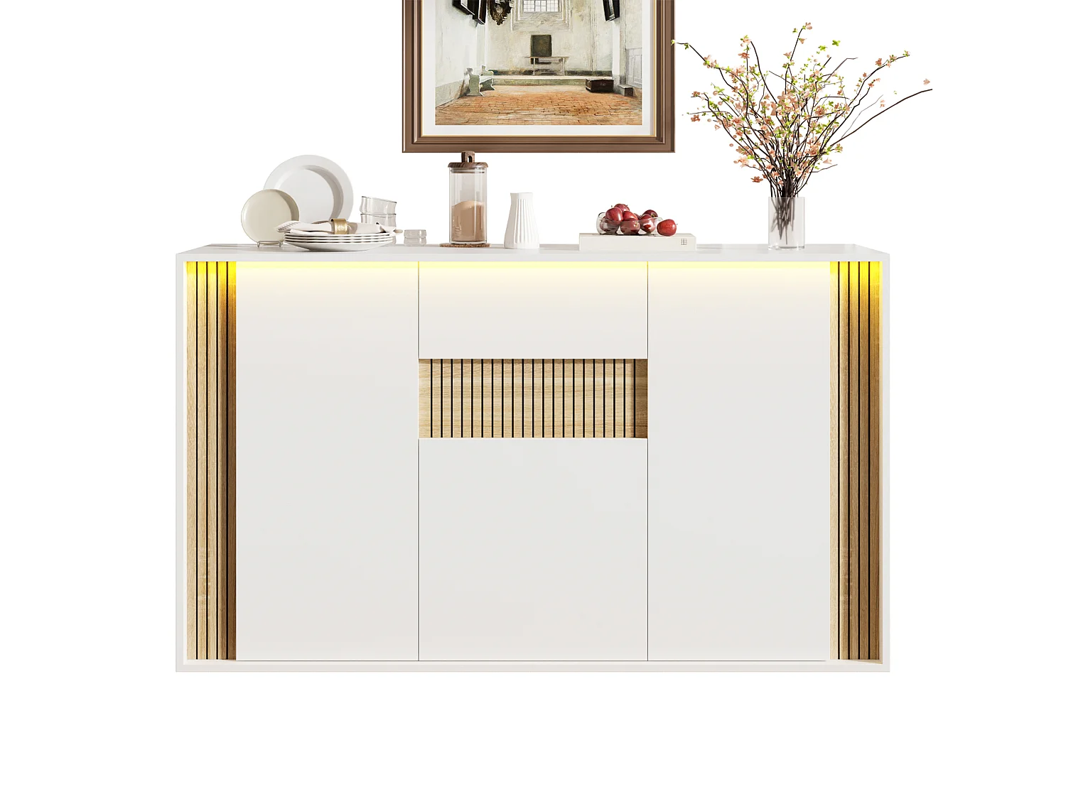 Aparador com 3 portas, 1 gaveta e iluminação LED ajustável - Aglomerado - 140 x 40 x 82 cm - Branco e madeira natural