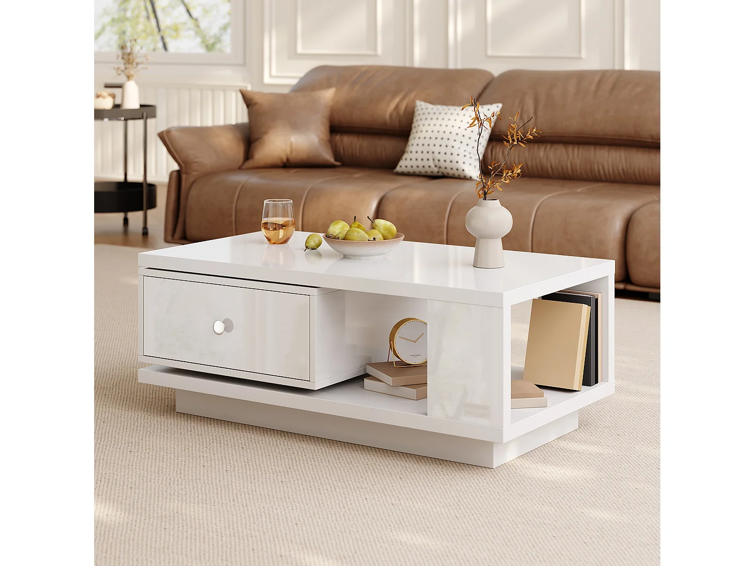 Coffee table with 1 swivel drawer and open storage - MDF and particleboard - 90 x 48 x 35 cm - White