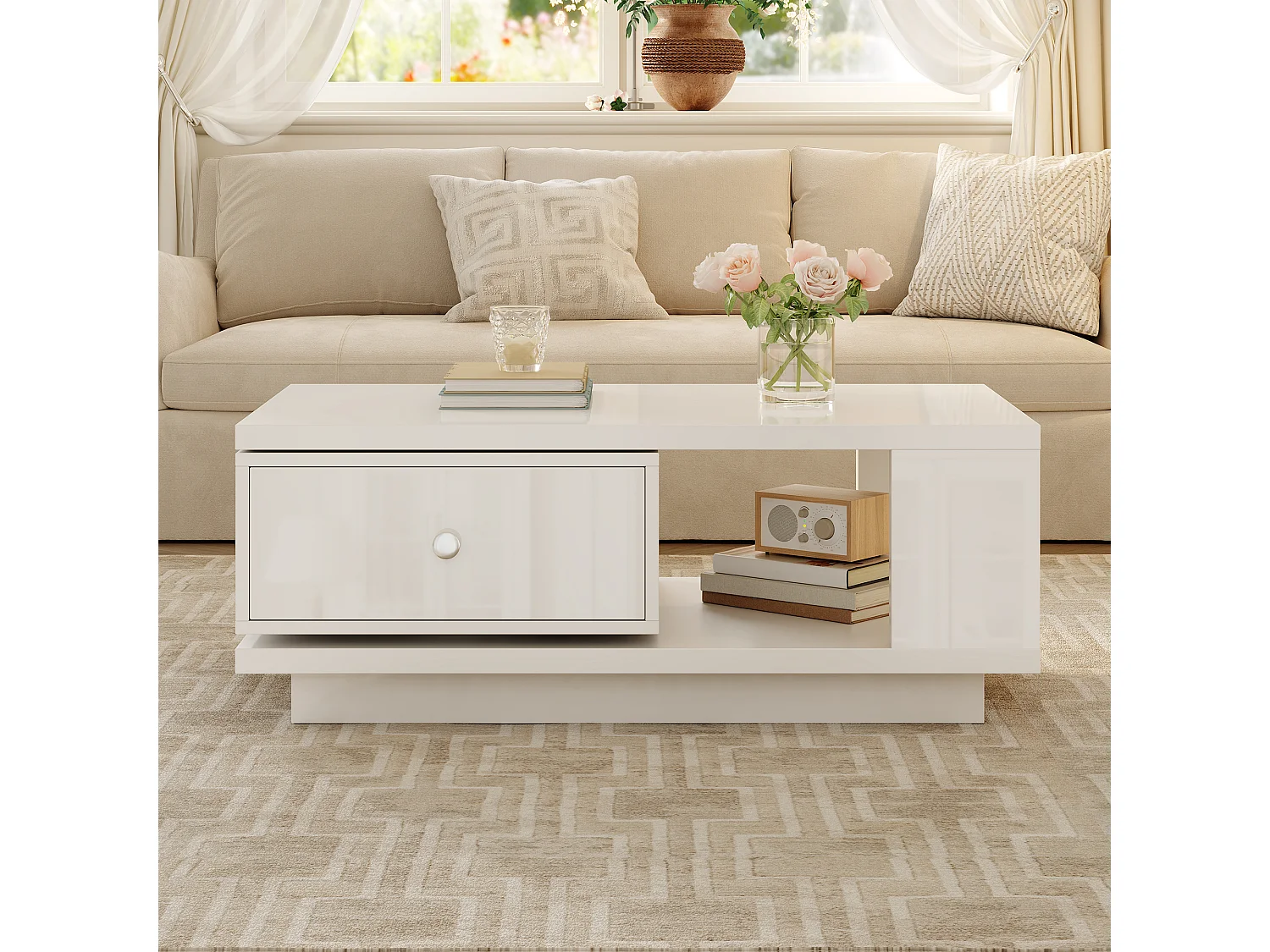 Coffee table with 1 swivel drawer and open storage - MDF and particleboard - 90 x 48 x 35 cm - White