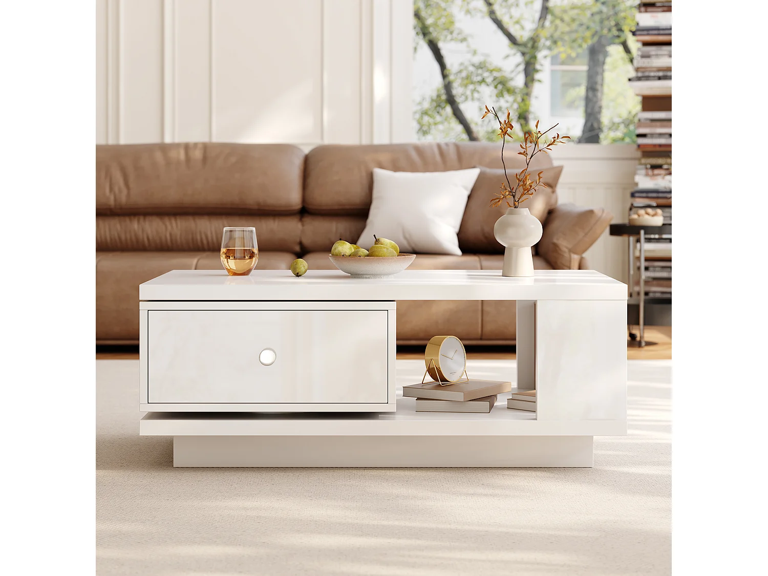 Coffee table with 1 swivel drawer and open storage - MDF and particleboard - 90 x 48 x 35 cm - White
