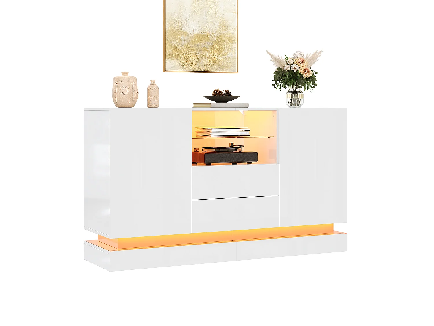 Low sideboard with 2 doors, 2 drawers, glass shelf and LED lighting - Particleboard - 140 x 40 x 80 cm - White