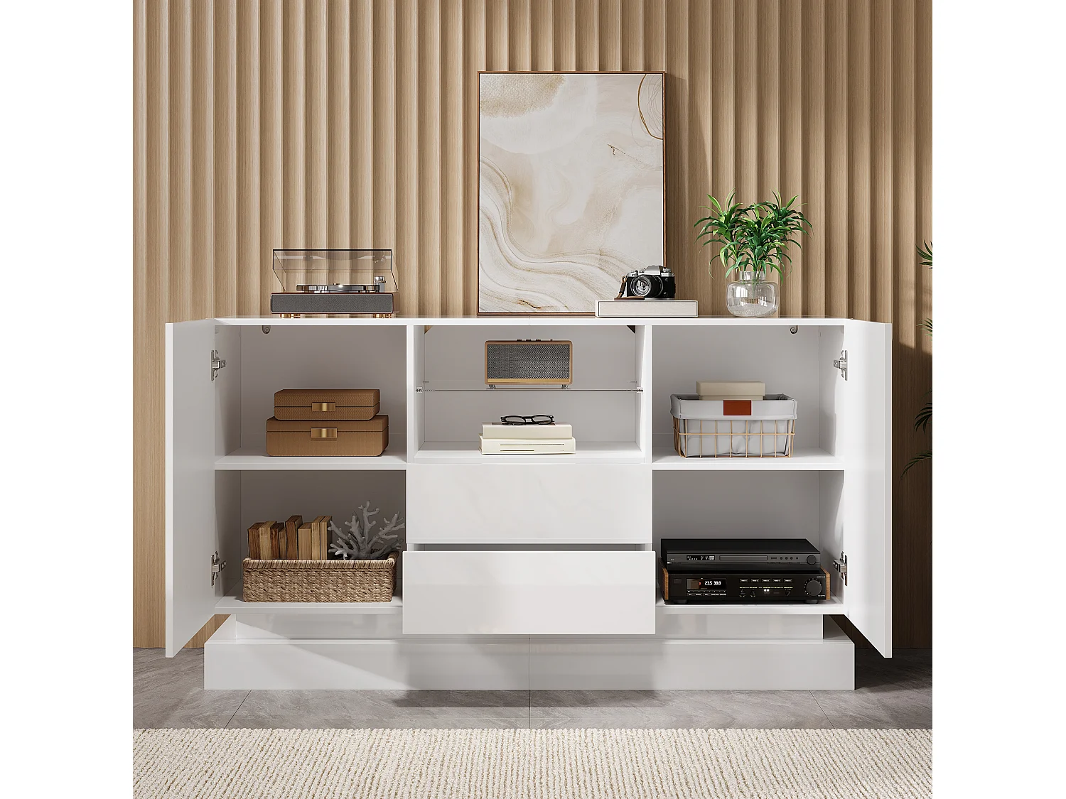 Low sideboard with 2 doors, 2 drawers, glass shelf and LED lighting - Particleboard - 140 x 40 x 80 cm - White