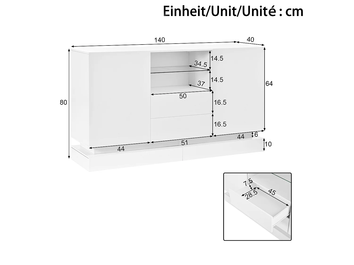Low sideboard with 2 doors, 2 drawers, glass shelf and LED lighting - Particleboard - 140 x 40 x 80 cm - White