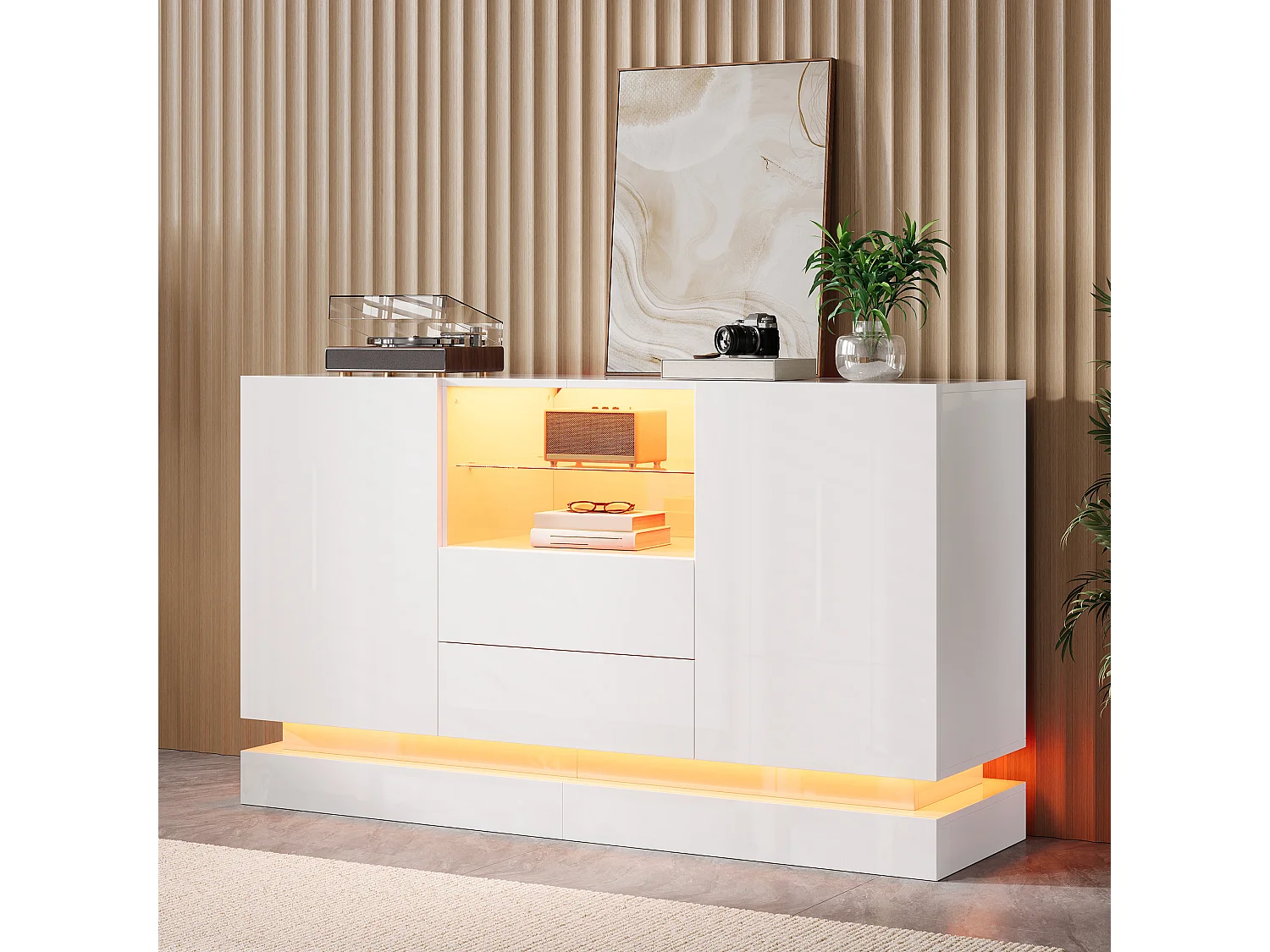 Low sideboard with 2 doors, 2 drawers, glass shelf and LED lighting - Particleboard - 140 x 40 x 80 cm - White
