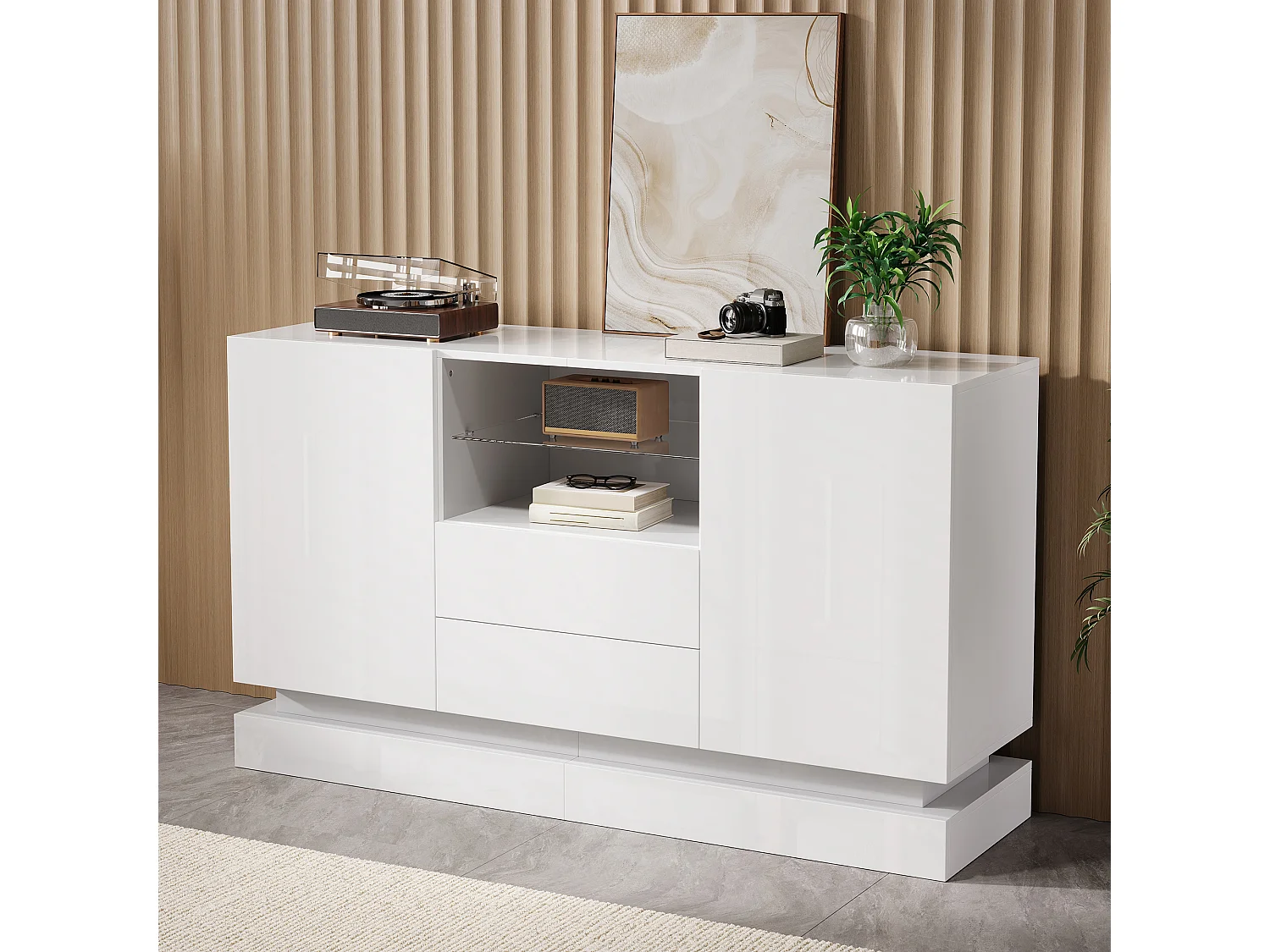 Low sideboard with 2 doors, 2 drawers, glass shelf and LED lighting - Particleboard - 140 x 40 x 80 cm - White