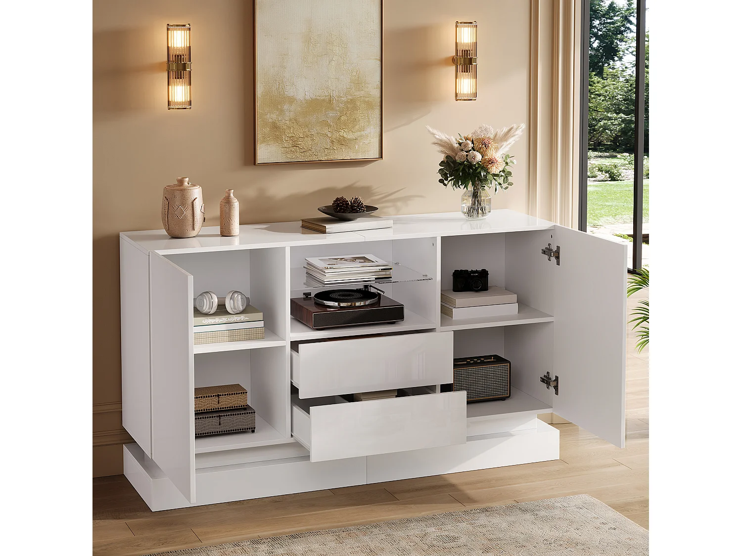 Low sideboard with 2 doors, 2 drawers, glass shelf and LED lighting - Particleboard - 140 x 40 x 80 cm - White