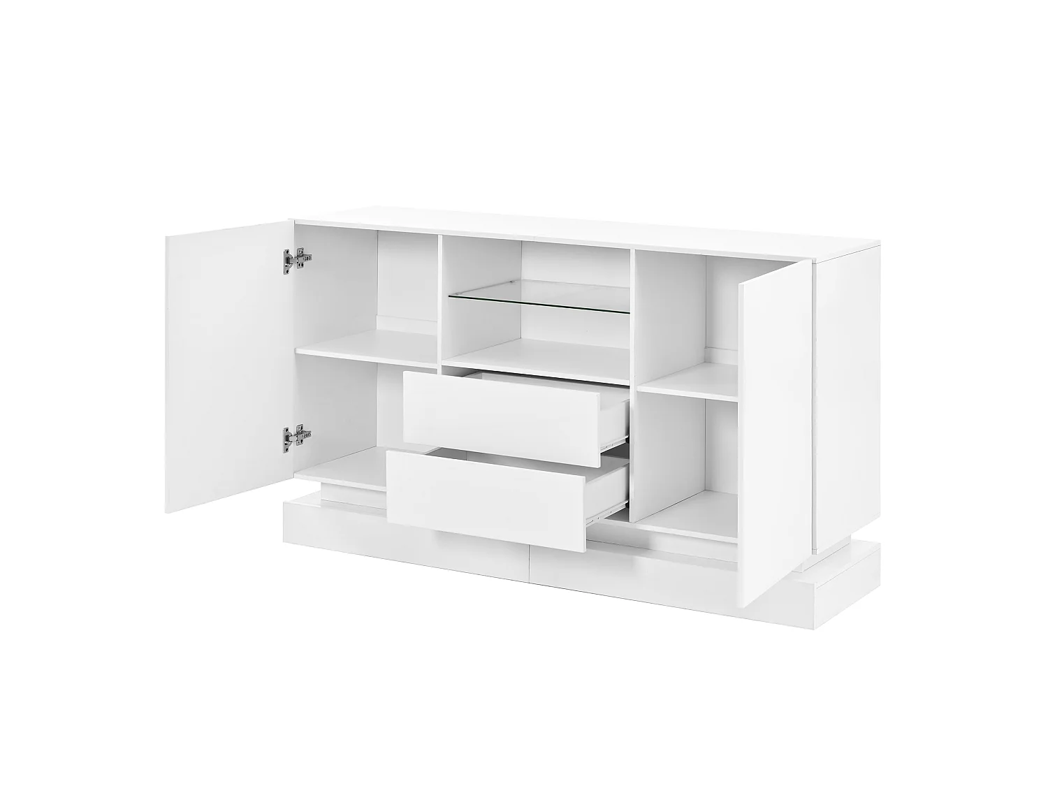 Low sideboard with 2 doors, 2 drawers, glass shelf and LED lighting - Particleboard - 140 x 40 x 80 cm - White
