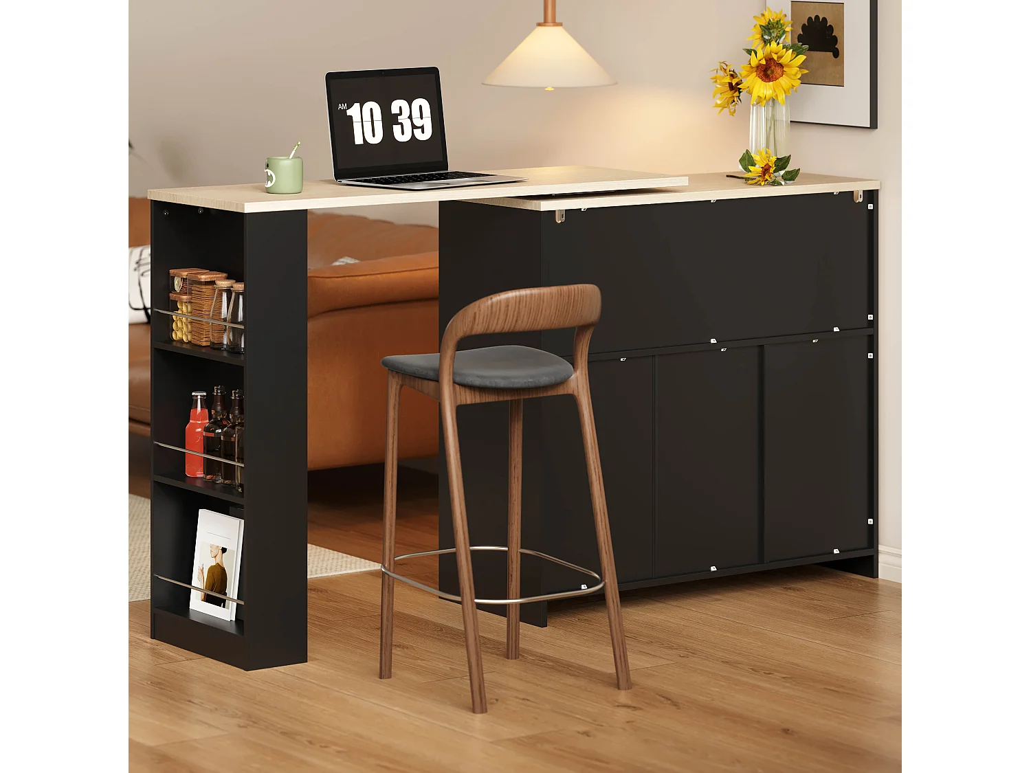Extendable kitchen island with rotating top, 3 drawers, 4 doors and RGB LED lighting - MDF and tempered glass - 115 to 172 x 40 x 96 cm - Black