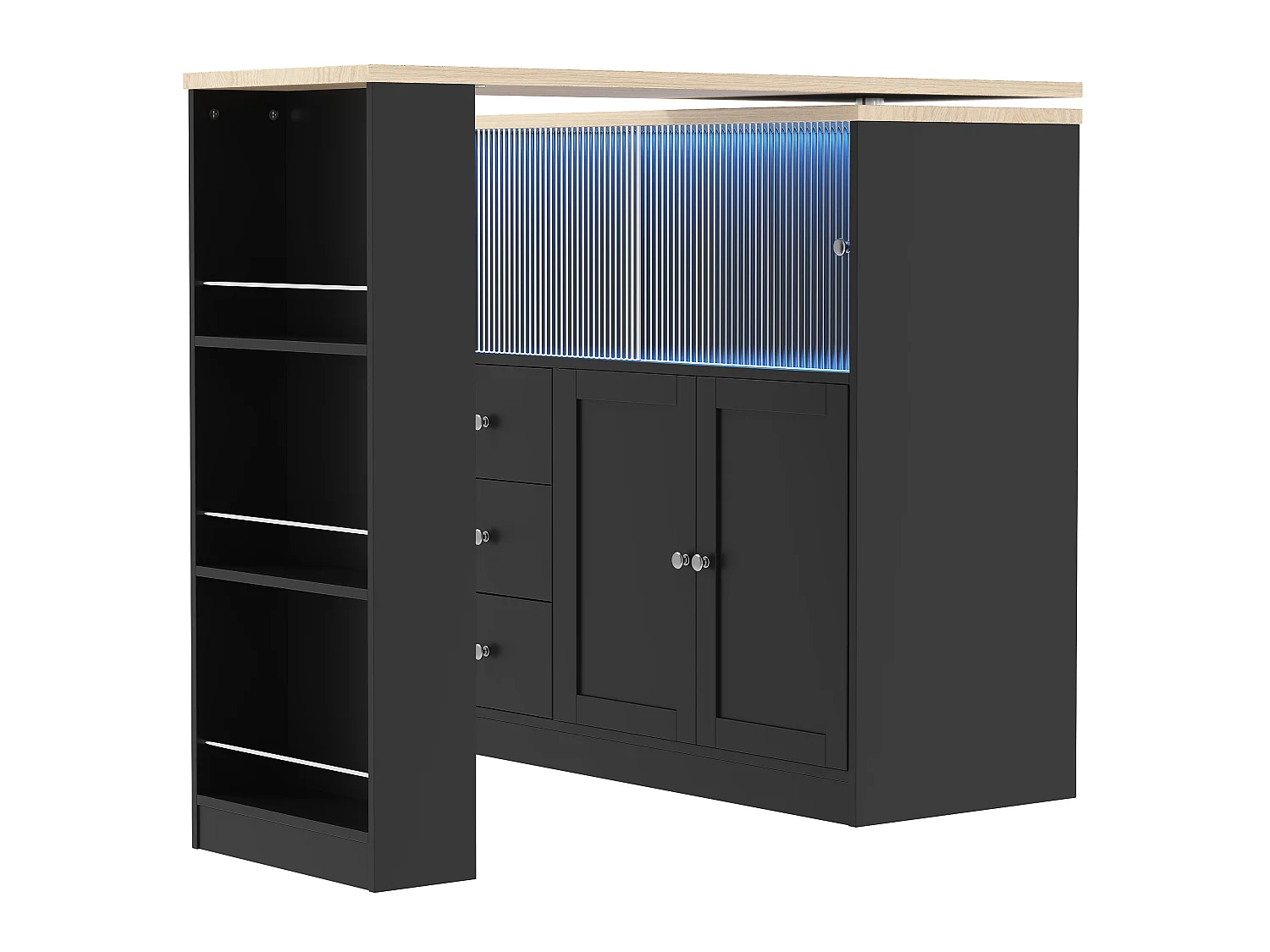 Extendable kitchen island with rotating top, 3 drawers, 4 doors and RGB LED lighting - MDF and tempered glass - 115 to 172 x 40 x 96 cm - Black
