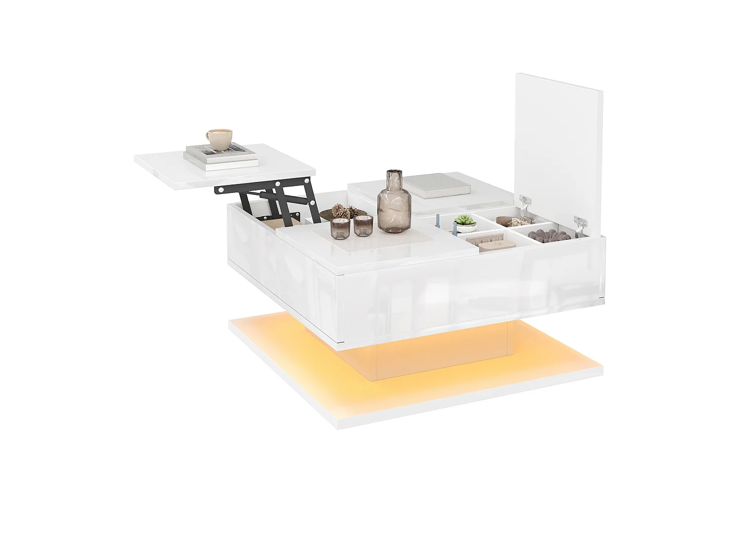 Table basse à plateau relevable avec 2 tiroirs et LED - MDF et panneaux de particules - 72 x 72 x 35 cm - Blanc brillant