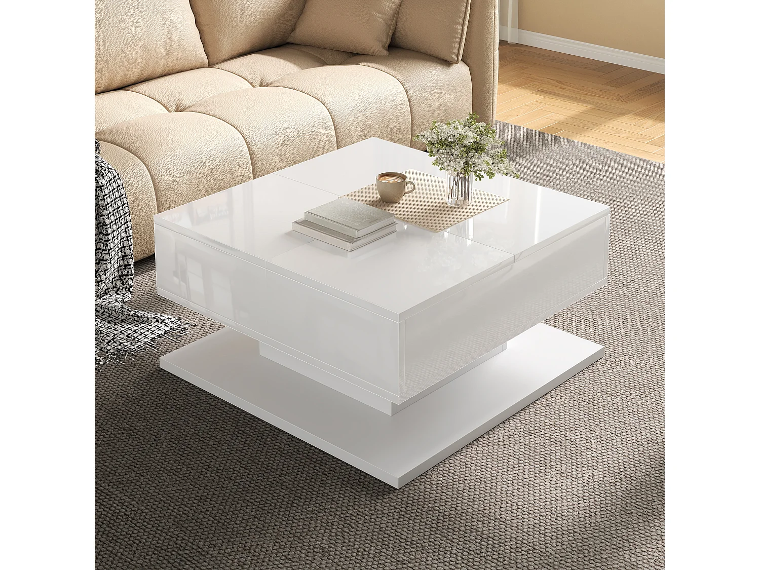 Table basse à plateau relevable avec 2 tiroirs et LED - MDF et panneaux de particules - 72 x 72 x 35 cm - Blanc brillant
