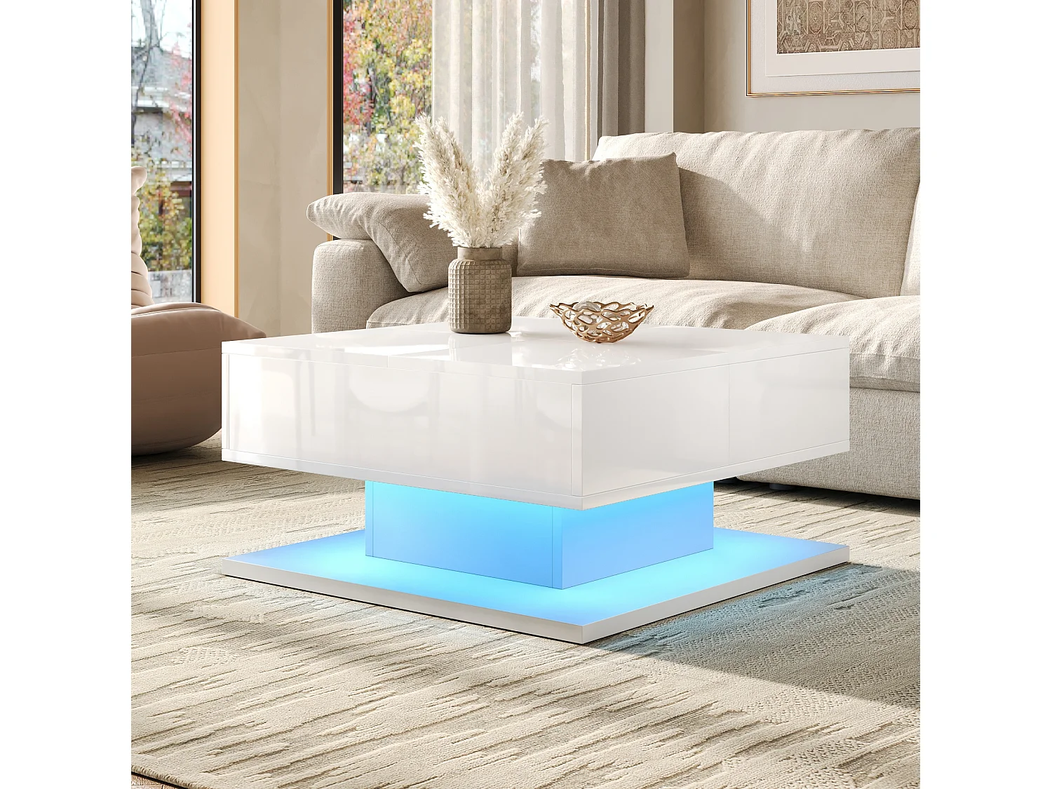 Table basse à plateau relevable avec 2 tiroirs et LED - MDF et panneaux de particules - 72 x 72 x 35 cm - Blanc brillant