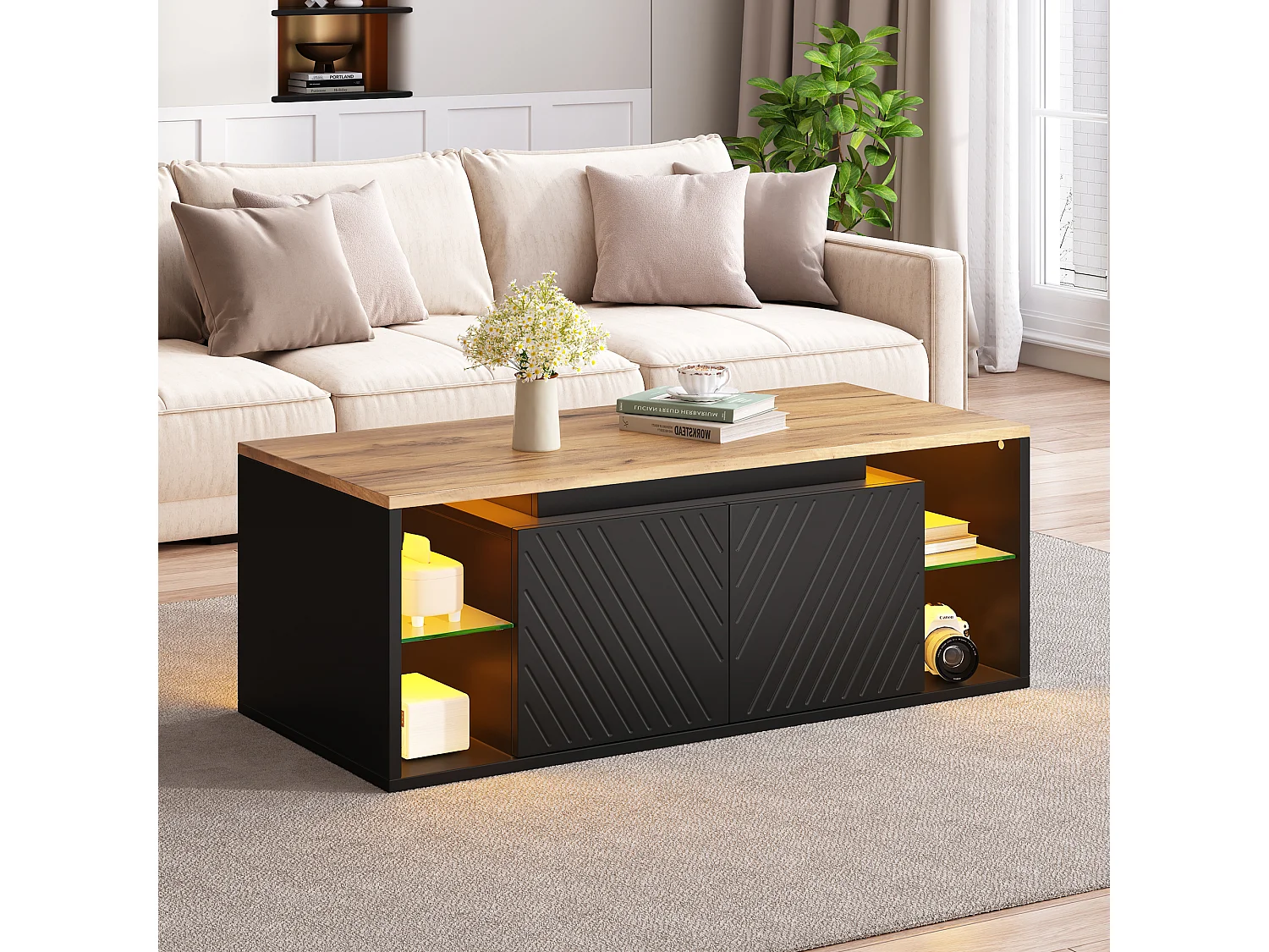 Table basse avec 2 portes, rangements semi-ouverts et éclairage LED - Panneaux de particules - 100 x 50 x 41 cm - Noir