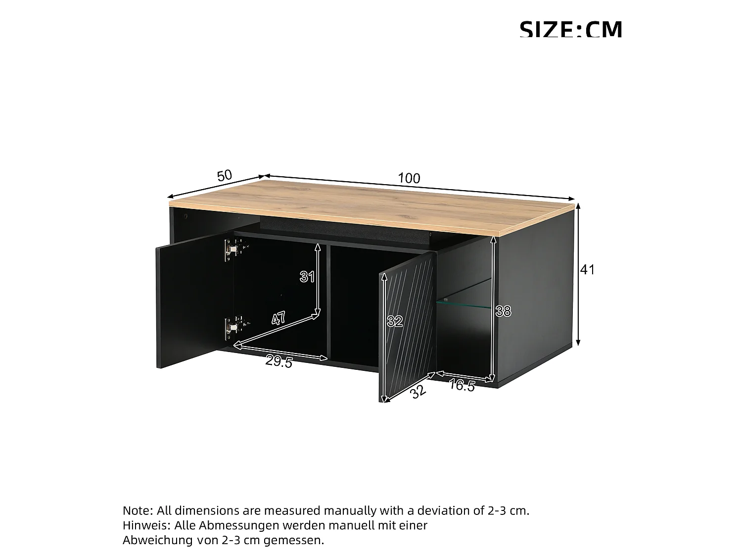 Table basse avec 2 portes, rangements semi-ouverts et éclairage LED - Panneaux de particules - 100 x 50 x 41 cm - Noir