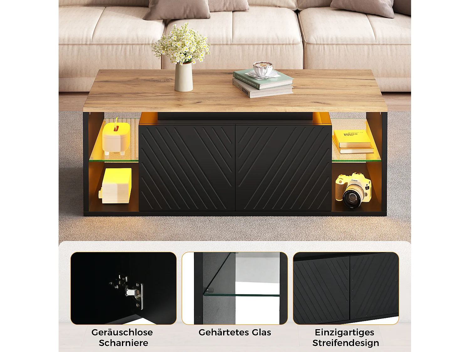 Table basse avec 2 portes, rangements semi-ouverts et éclairage LED - Panneaux de particules - 100 x 50 x 41 cm - Noir