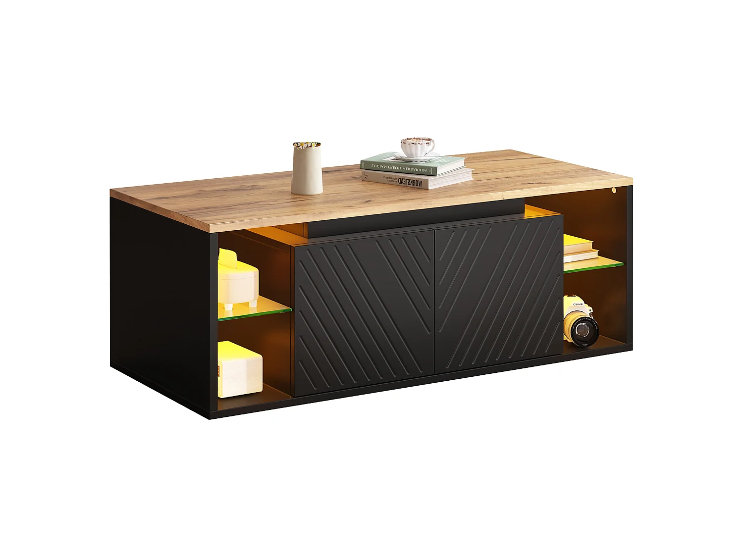 Table basse avec 2 portes, rangements semi-ouverts et éclairage LED - Panneaux de particules - 100 x 50 x 41 cm - Noir
