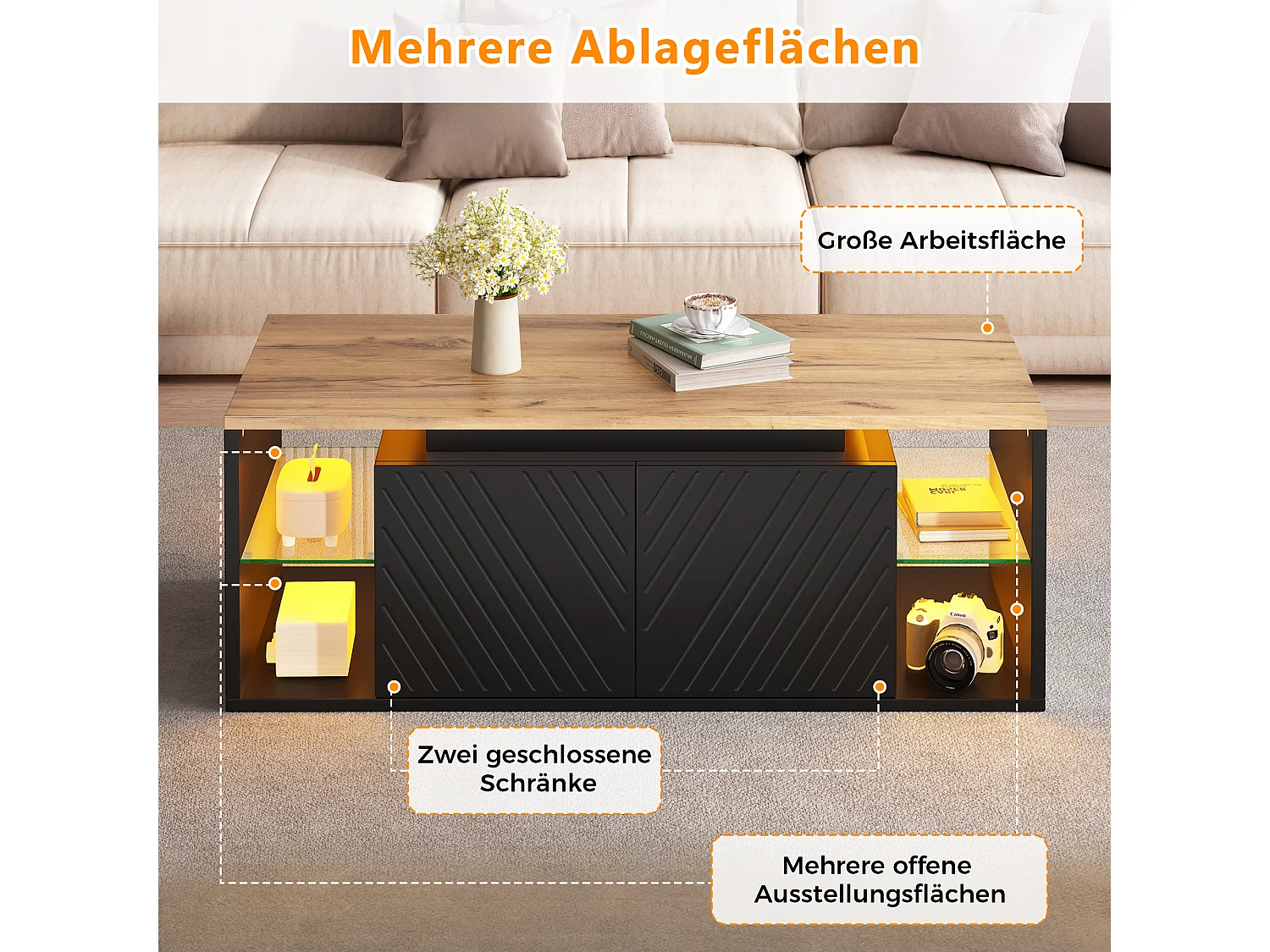 Table basse avec 2 portes, rangements semi-ouverts et éclairage LED - Panneaux de particules - 100 x 50 x 41 cm - Noir