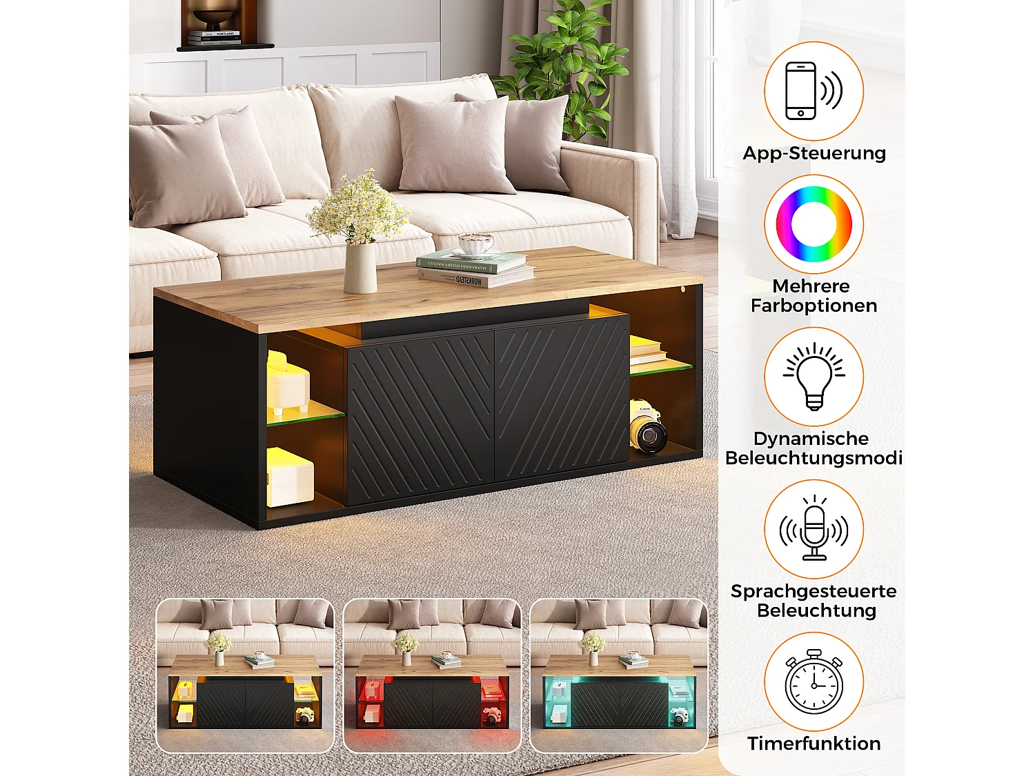 Table basse avec 2 portes, rangements semi-ouverts et éclairage LED - Panneaux de particules - 100 x 50 x 41 cm - Noir