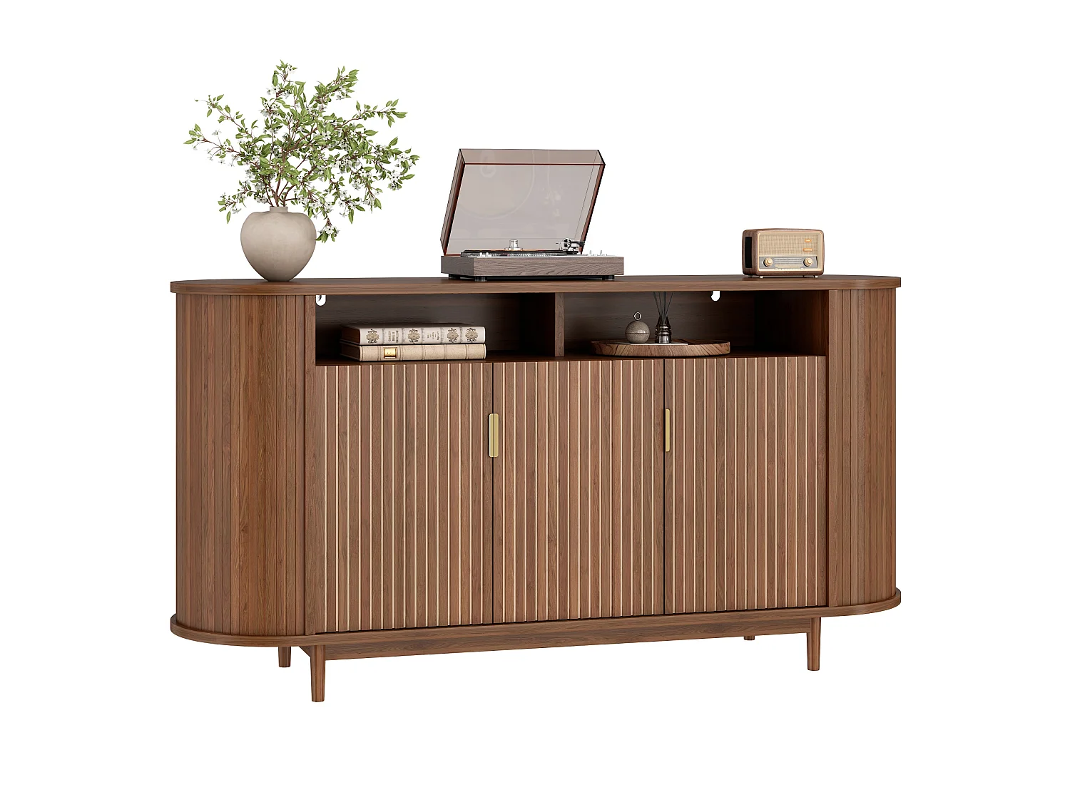 Komoda niska z 3 drzwiami, ryflowanymi frontami i nogami z drewna sosnowego - płyta MDF i płyta wiórowa - 140 x 40 x 78 cm - orzech