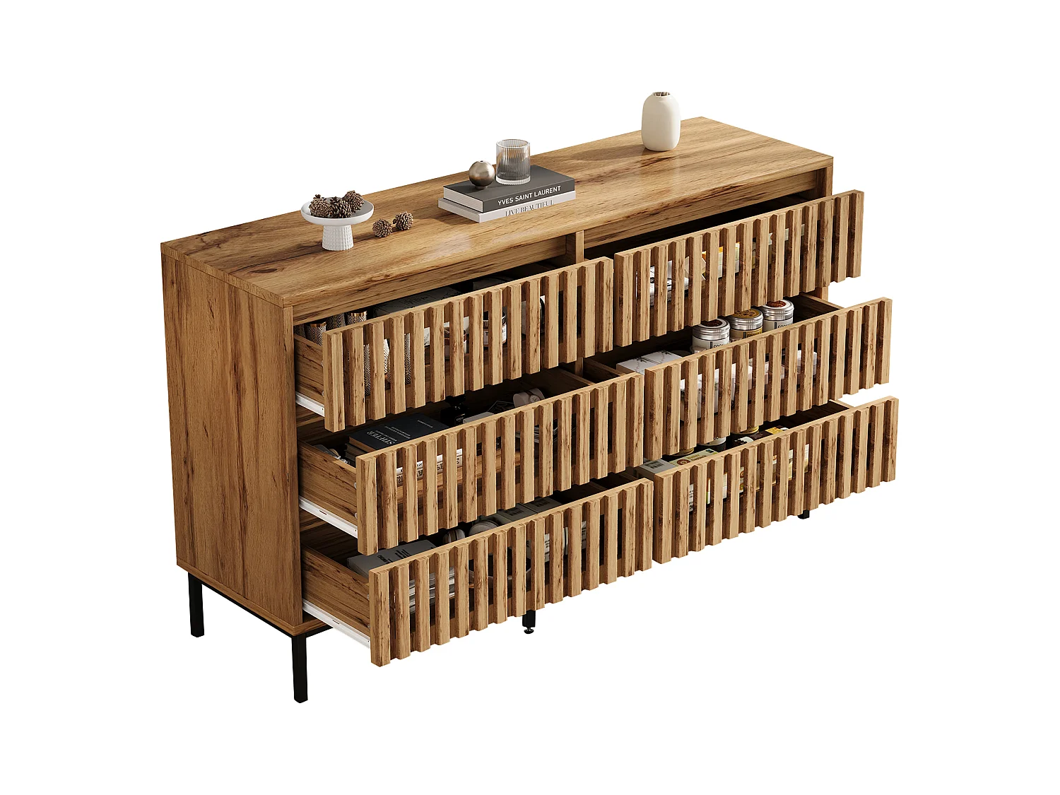 Sideboard with 6 drawers, slatted fronts and 5 legs - MDF and particleboard - 120 x 40 x 81 cm - Natural wood