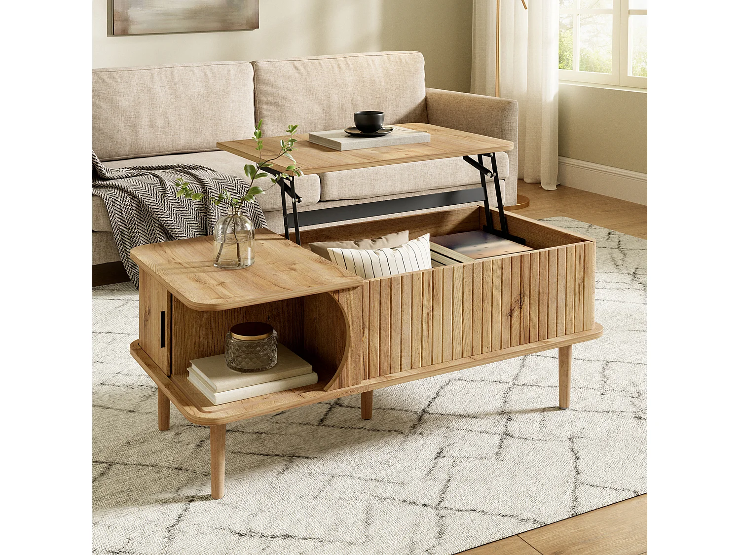 Lift-top coffee table with 1 grooved sliding door - MDF and solid wood - 100 x 48 x 55.5 cm - Natural wood